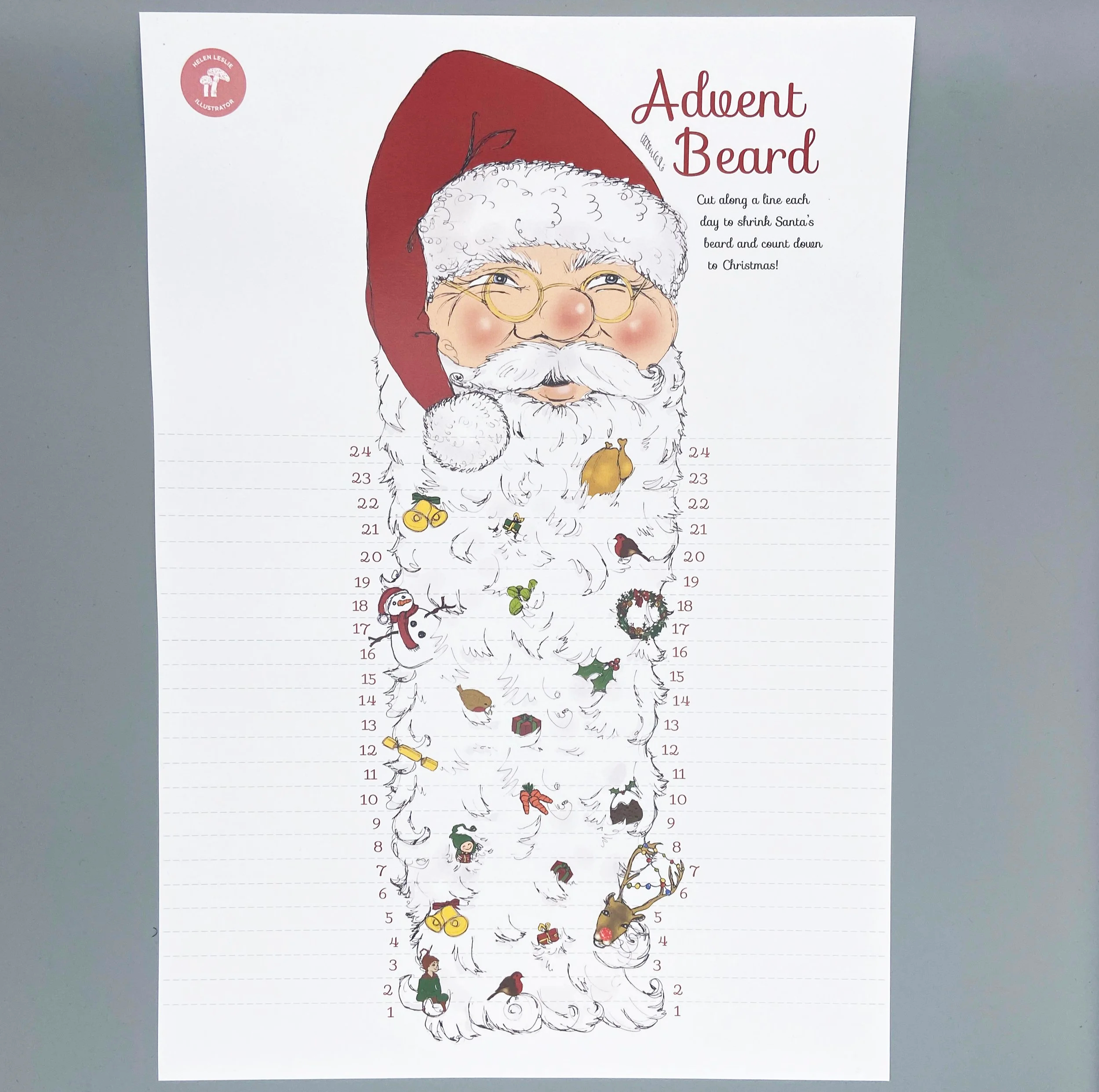 Father Christmas Advent Beard Advent Calendar xmas advent fine motor skills activity for children by Devon artist Helen Leslie Illustrator