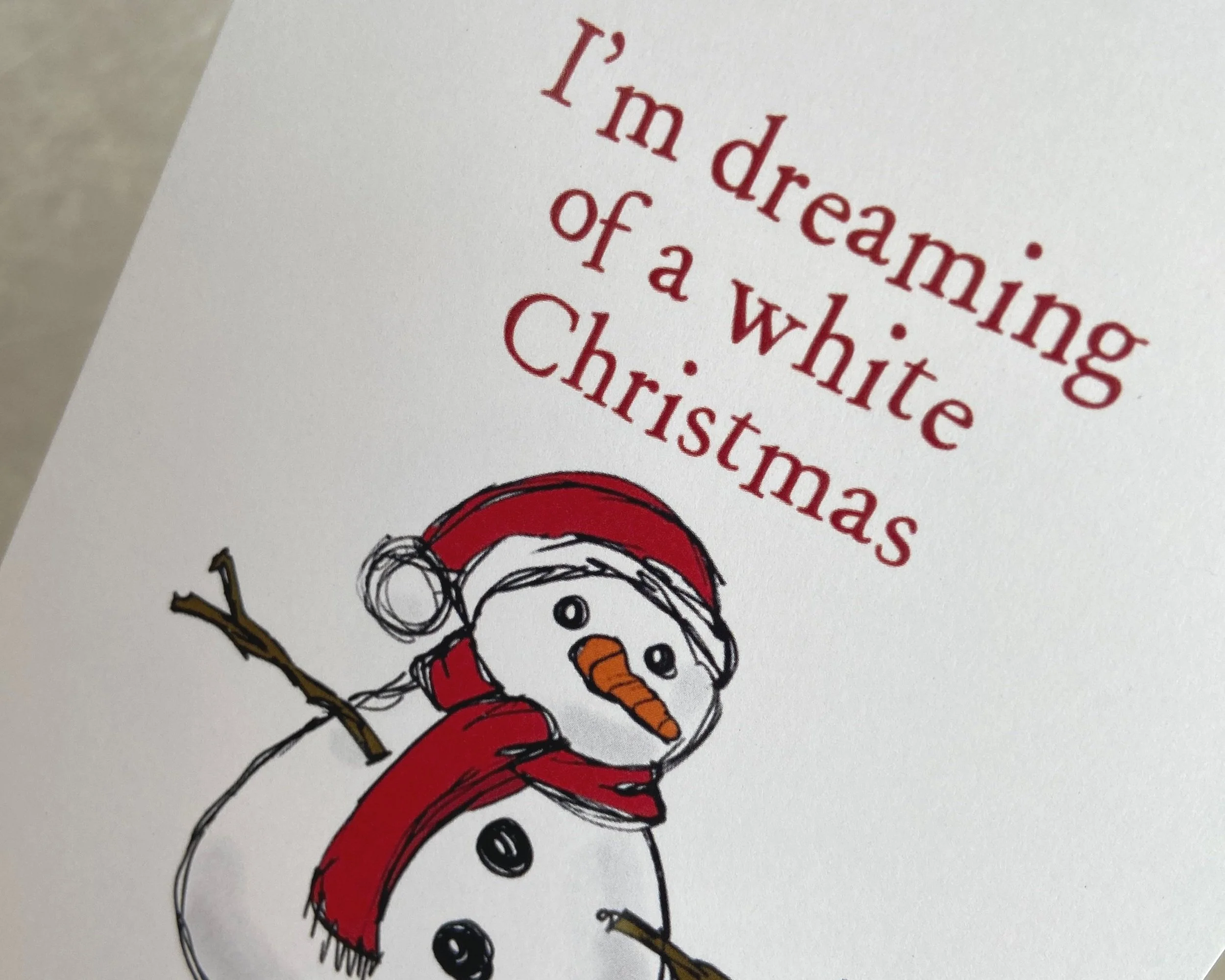 White Christmas snowman illustrated greetings card by Devon artist Helen Leslie Illustrator
