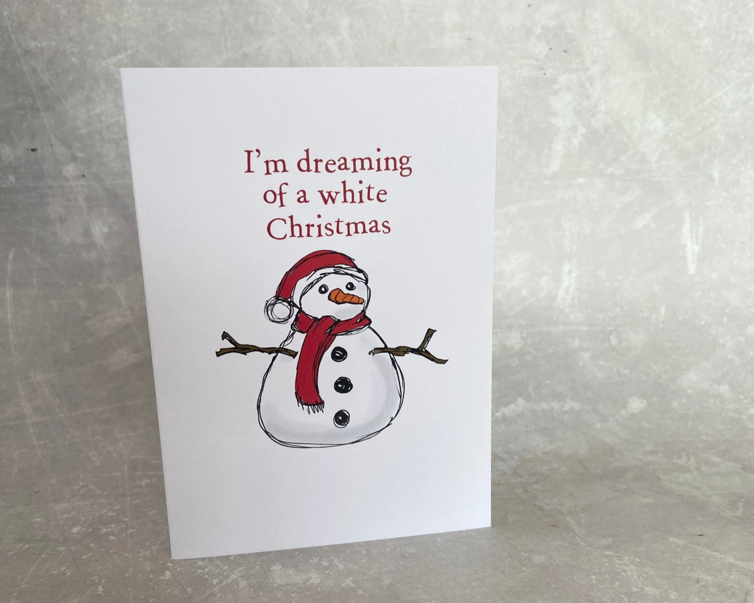 White Christmas snowman illustrated greetings card by Devon artist Helen Leslie Illustrator