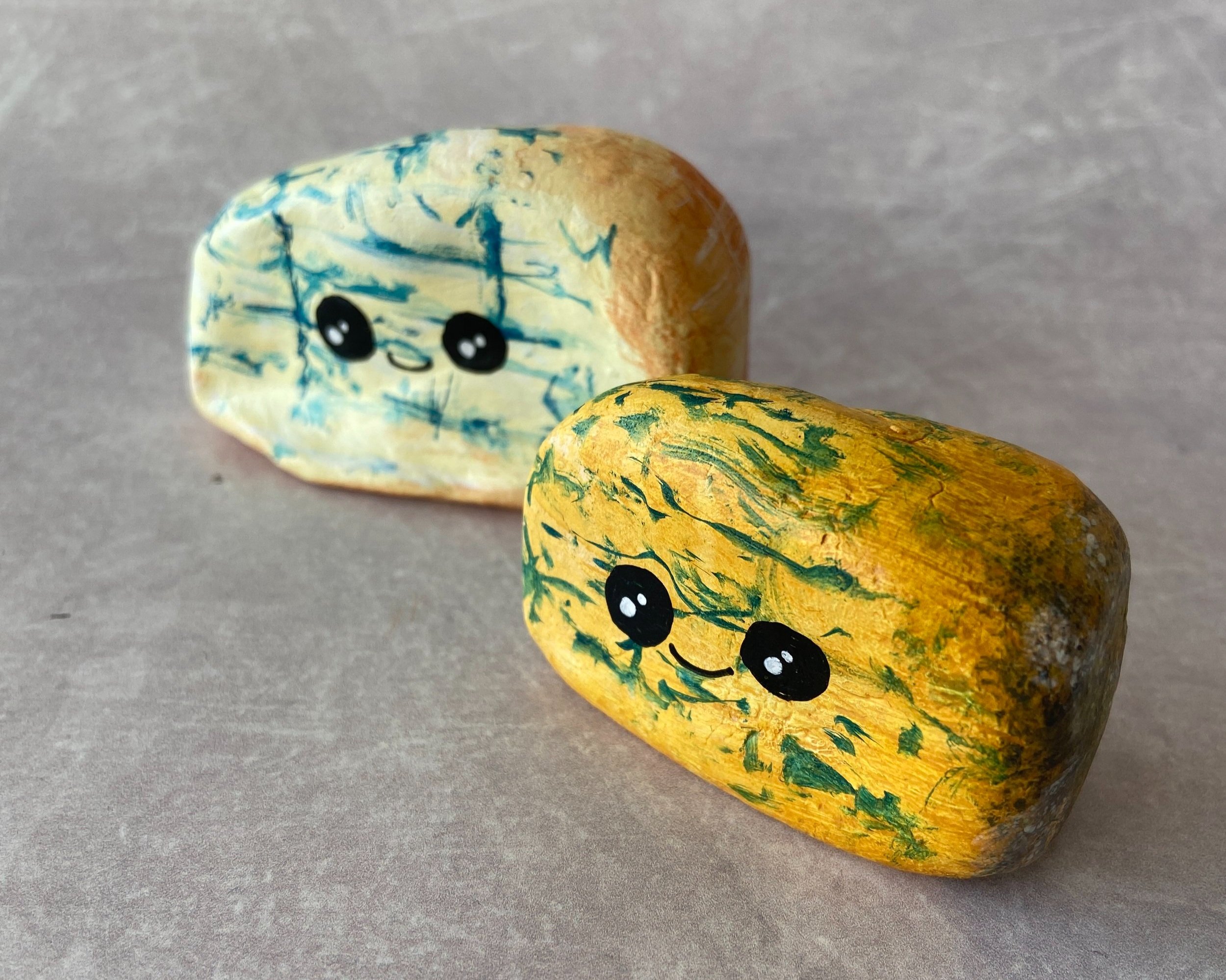 Stilton and Gorgonzola cheeses cute clay character desk buddy handmade by Devon artist Helen Leslie Illustrator