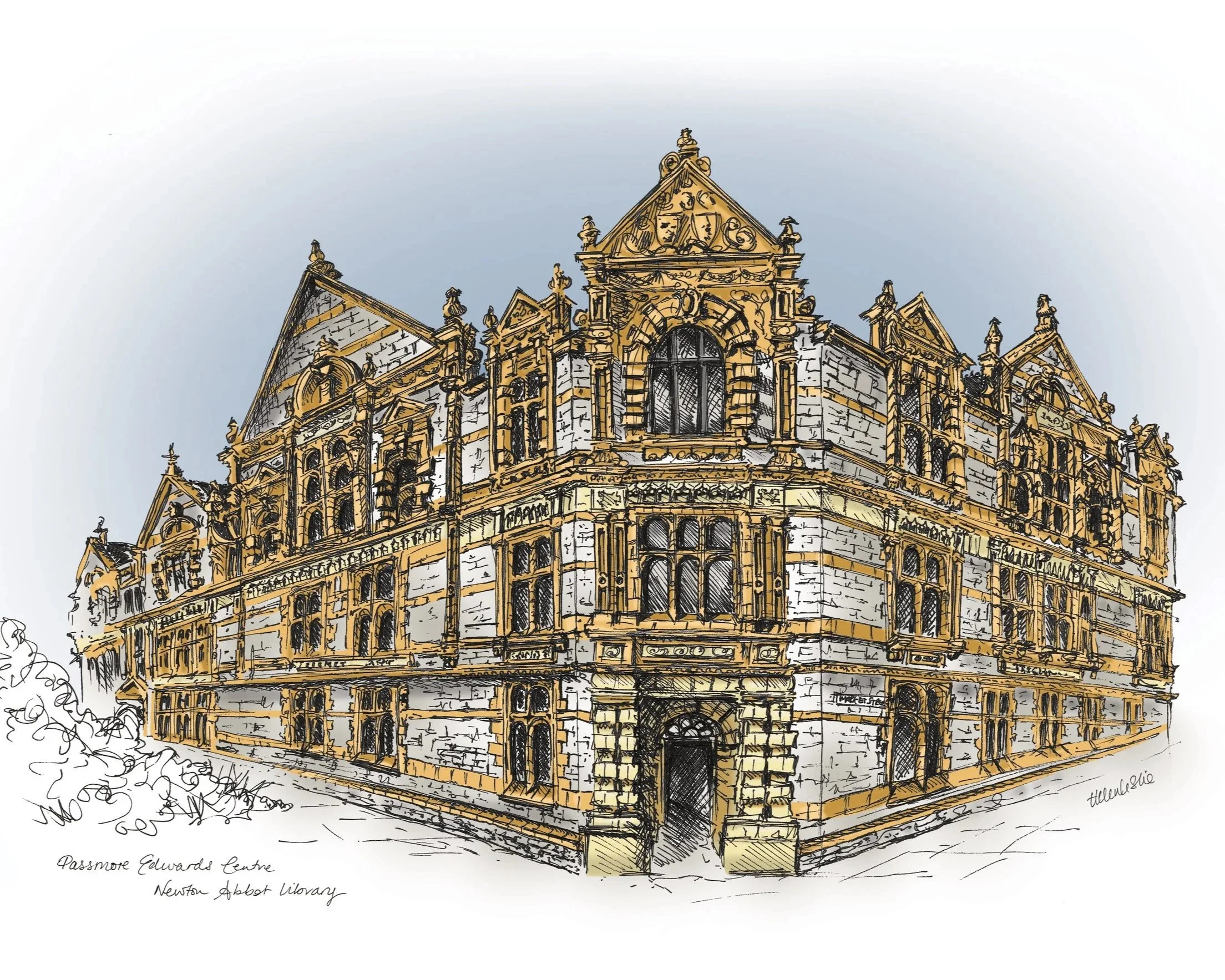 Newton Abbot Library Passmore Edwards Centre art print by Devon artist Helen Leslie Illustrator