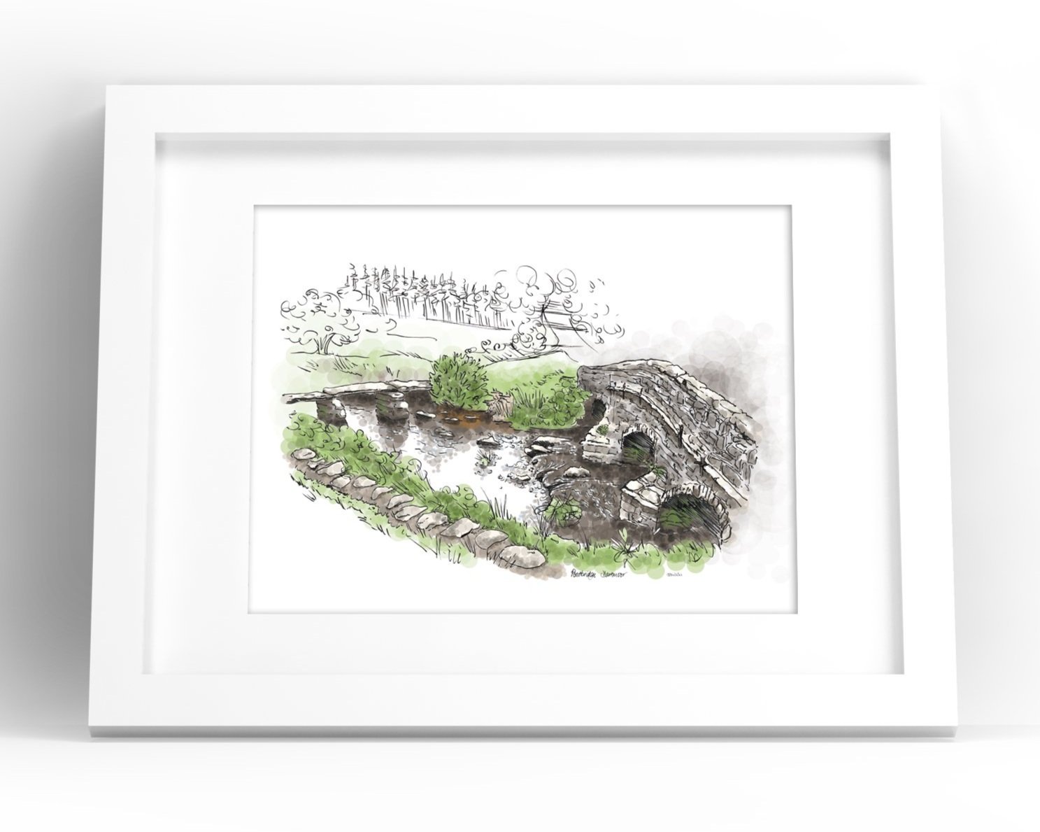 Road bridge and clapper bridge at Postbridge on Dartmoor by Devon artist Helen Leslie Illustrator