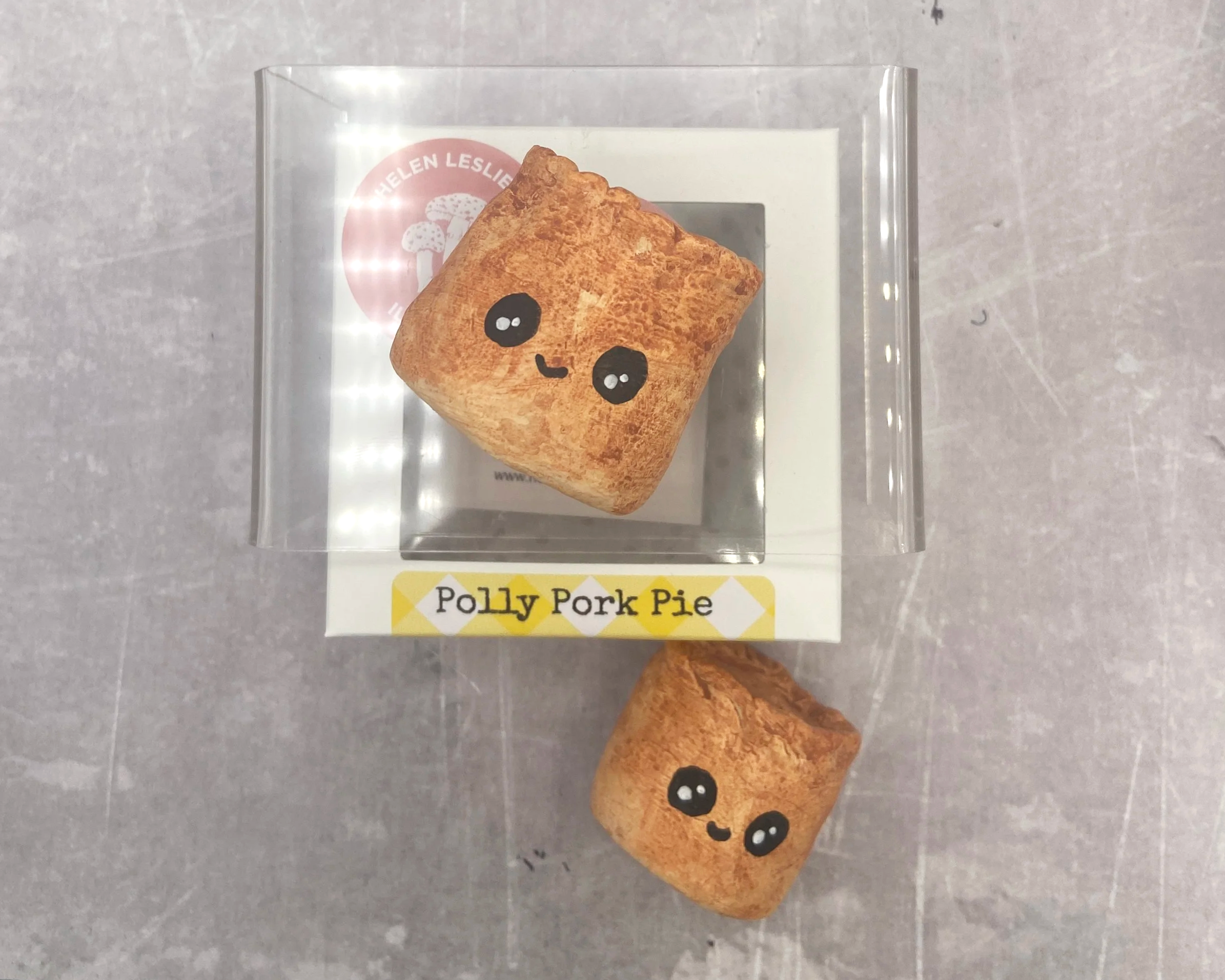 Pork Pie cute handmade handpainted clay desk buddy by Devon artist Helen Leslie Illustrator