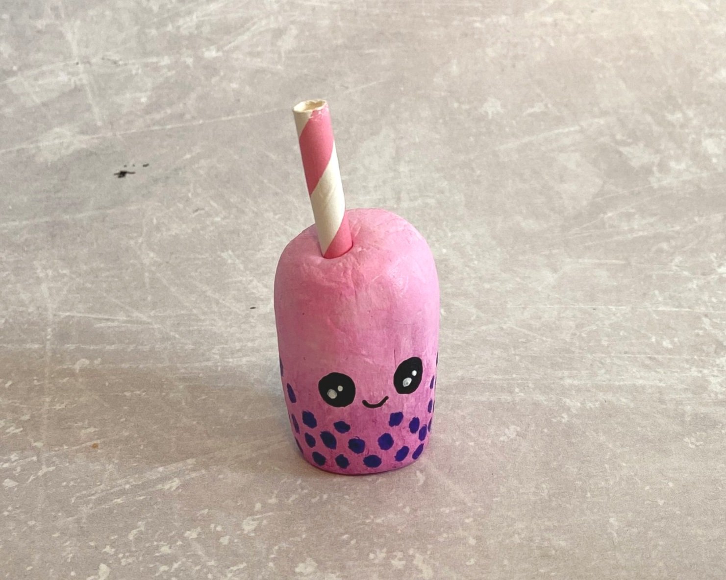 Bubble tea cute clay character desk buddy handmade by Devon artist Helen Leslie Illustrator