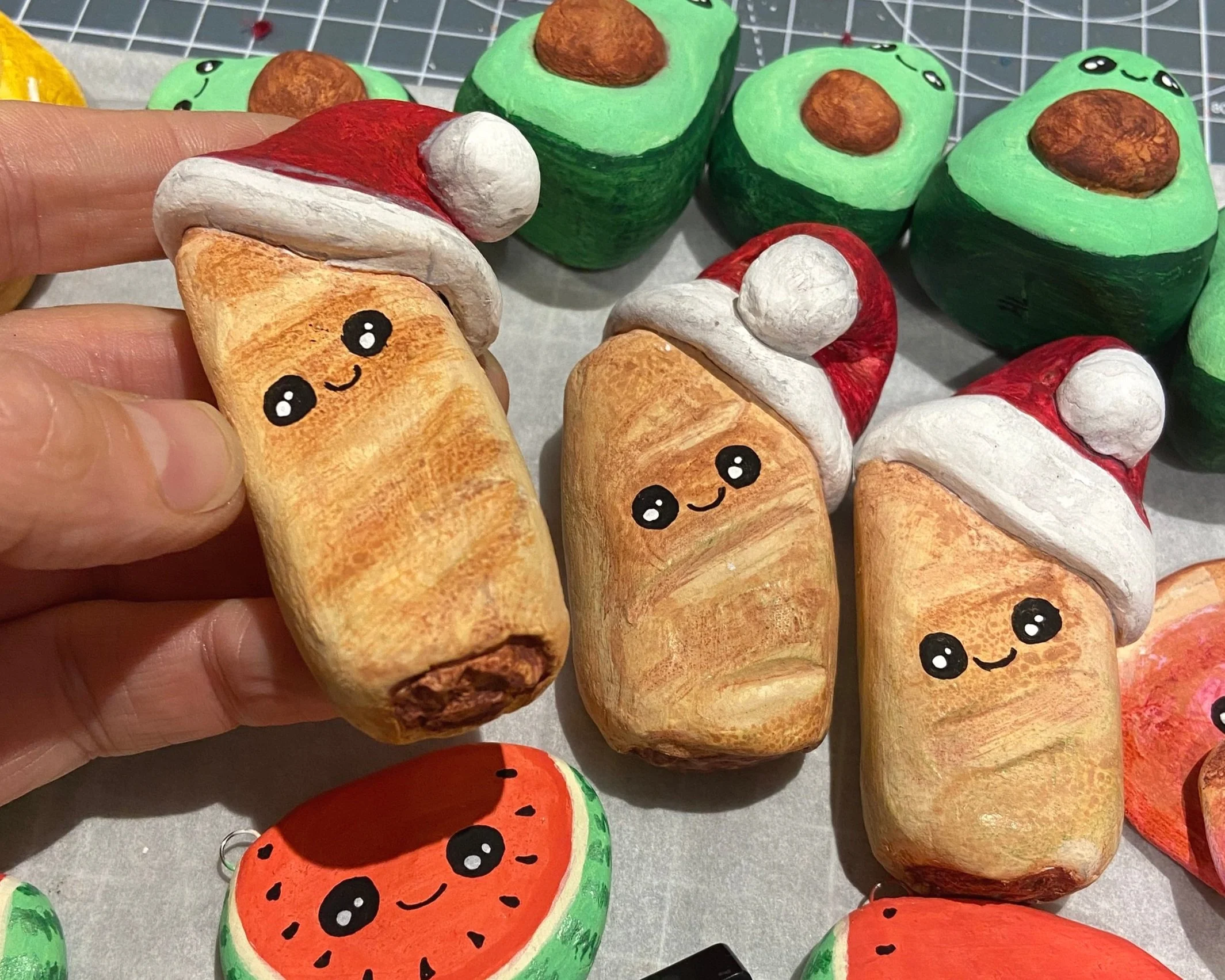 Santa Sausage Roll Handmade cute kawaii food clay Christmas tree decorations handpainted by Devon artist Helen Leslie Illustrator
