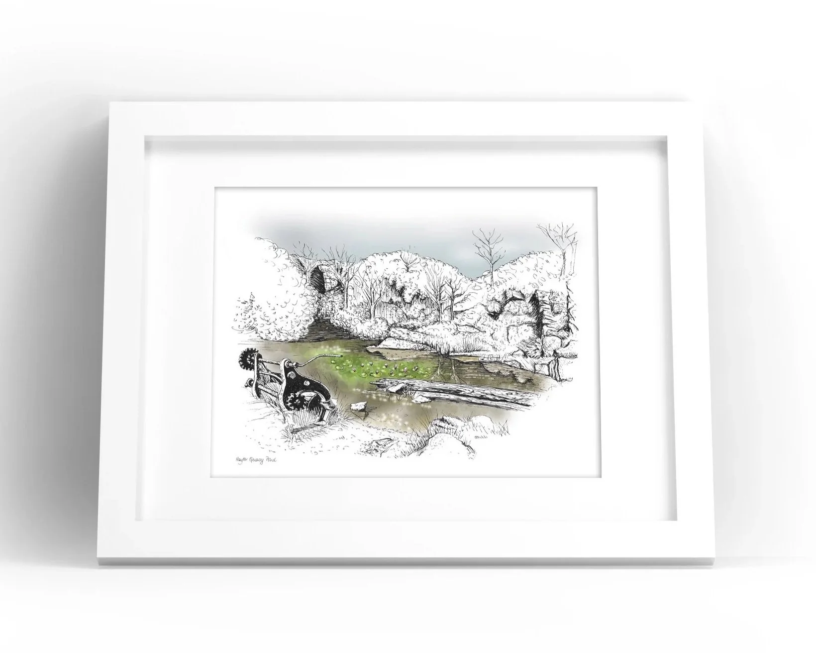 The Pond at Haytor Quarry on Dartmoor illustrated art print by Devon artist Helen Leslie Illustrator
