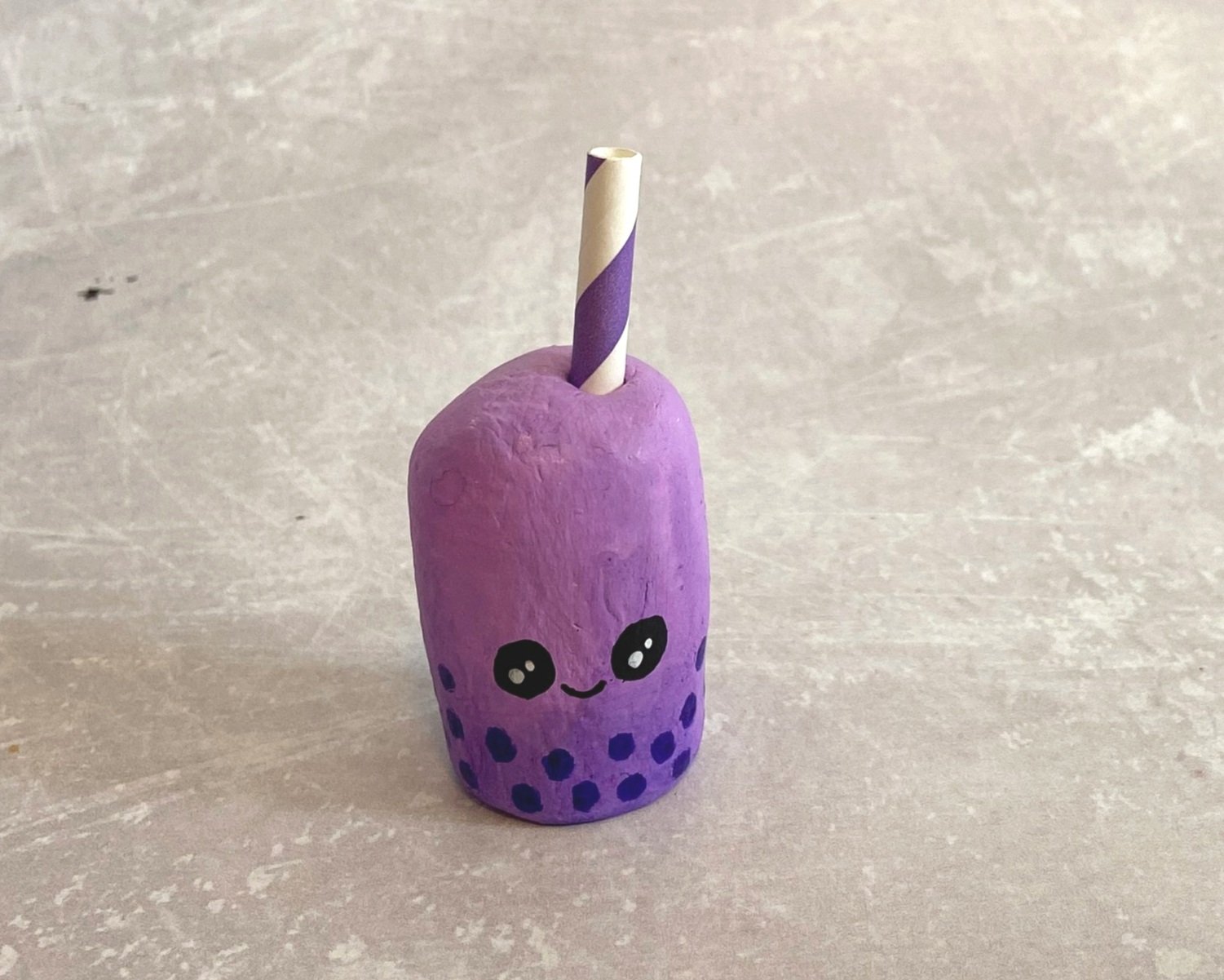 Bubble tea cute clay character desk buddy handmade by Devon artist Helen Leslie Illustrator