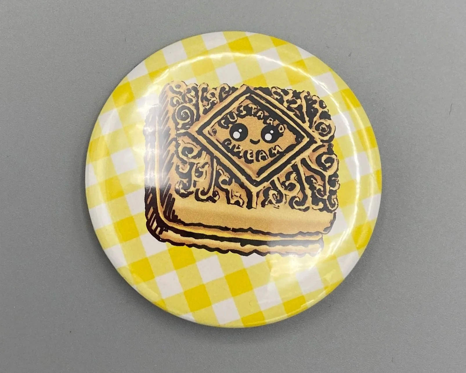 Custard Cream biscuit cute kawaii style gingham 50mm jumbo pin badge