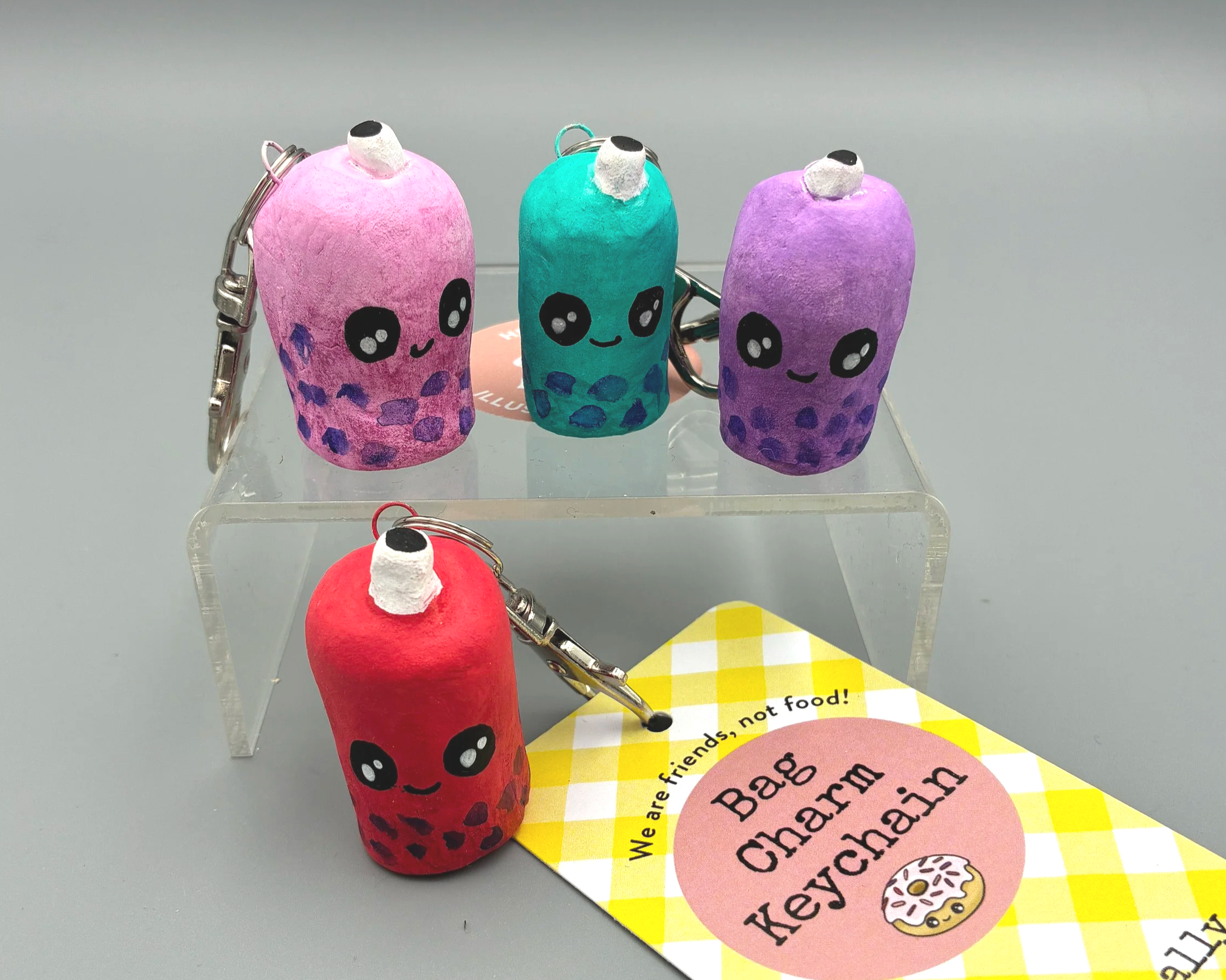 Bubble Tea clay bag charm keychain keyring handmade by Devon artist Helen Leslie Illustrator