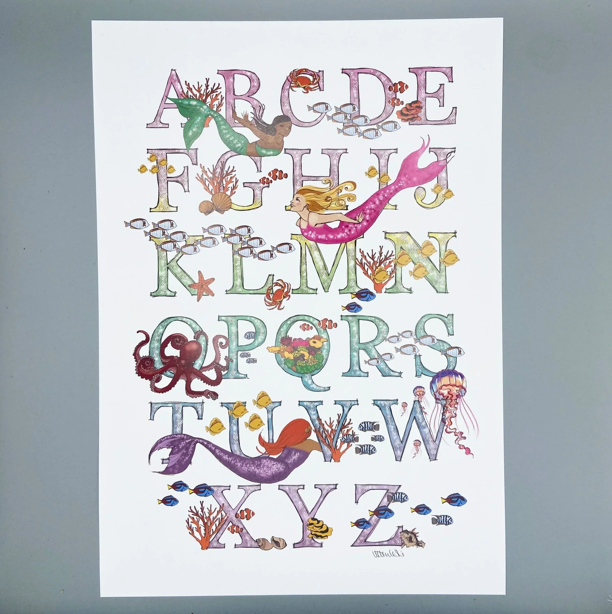 Illustrated Mermaids under the sea ocean creatures coral Alphabet poster print for children's bedrooms wall decor by Devon artist Helen Leslie Illustrator