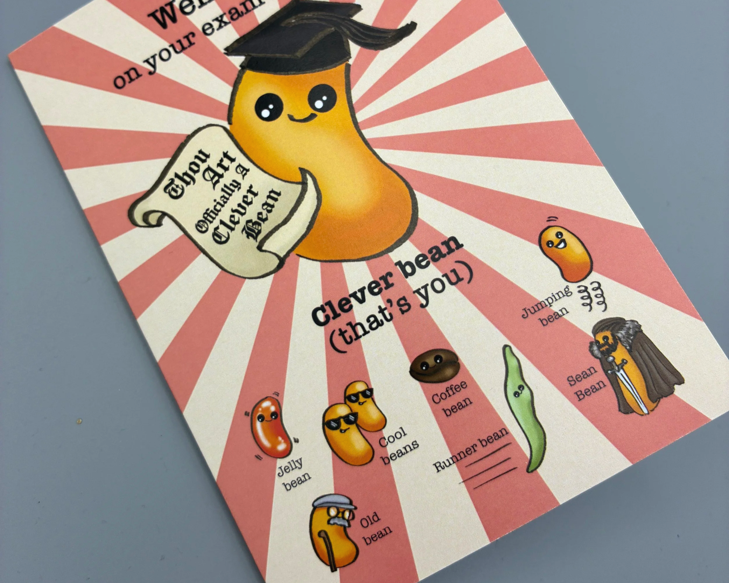 Clever Bean well done on your exams bean puns greetings card by Devon artist Helen Leslie Illustrator