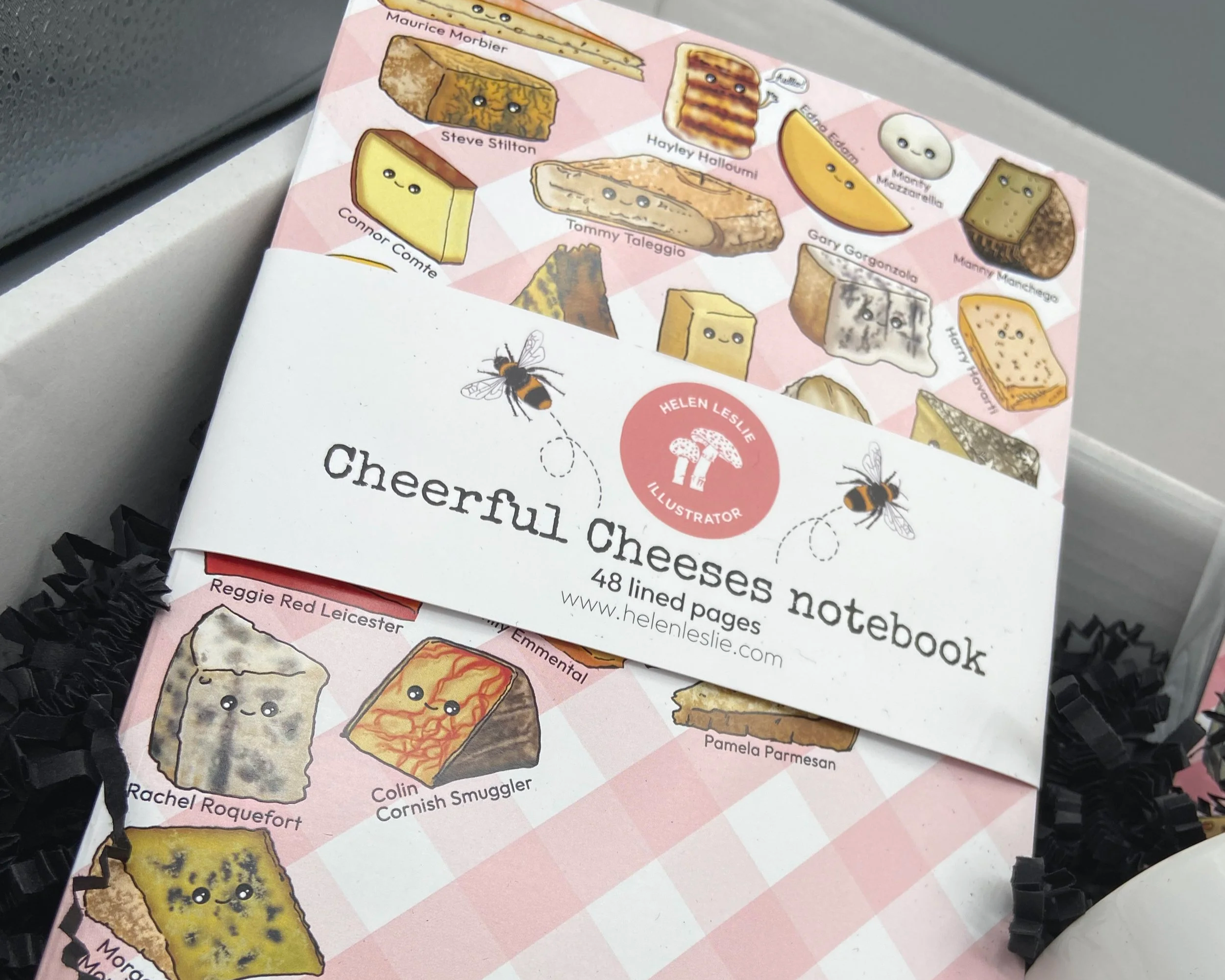 Cheerful Cheeses collection gift box illustrated cheeses on mug, notebook, bookmark and fridge magnet in beautifully designed packaged gift box ideal Christmas gift for cheese lovers