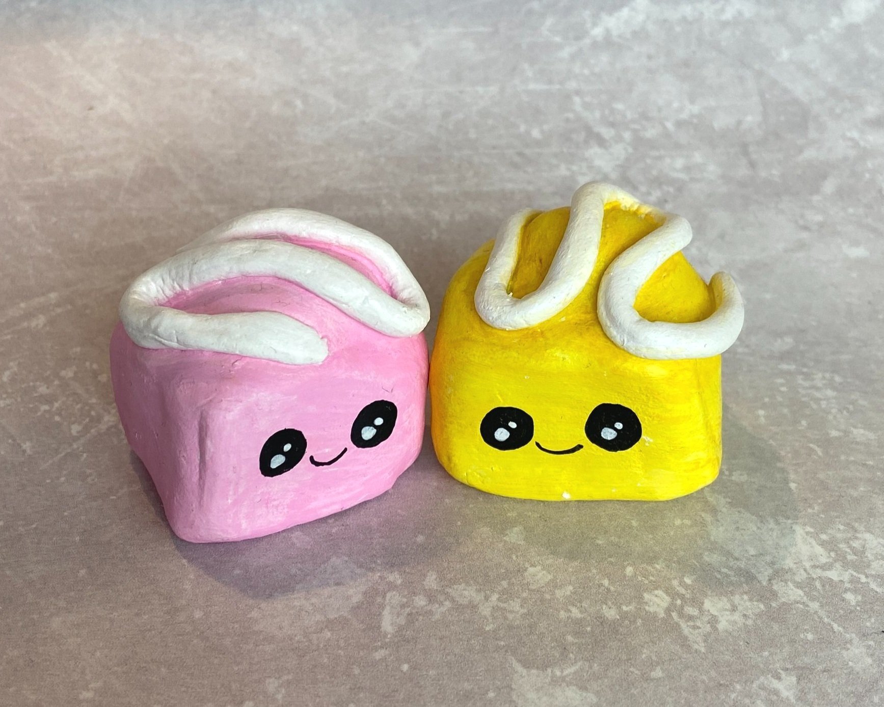 French fondant fancy cute clay character desk buddy handmade by Devon artist Helen Leslie Illustrator