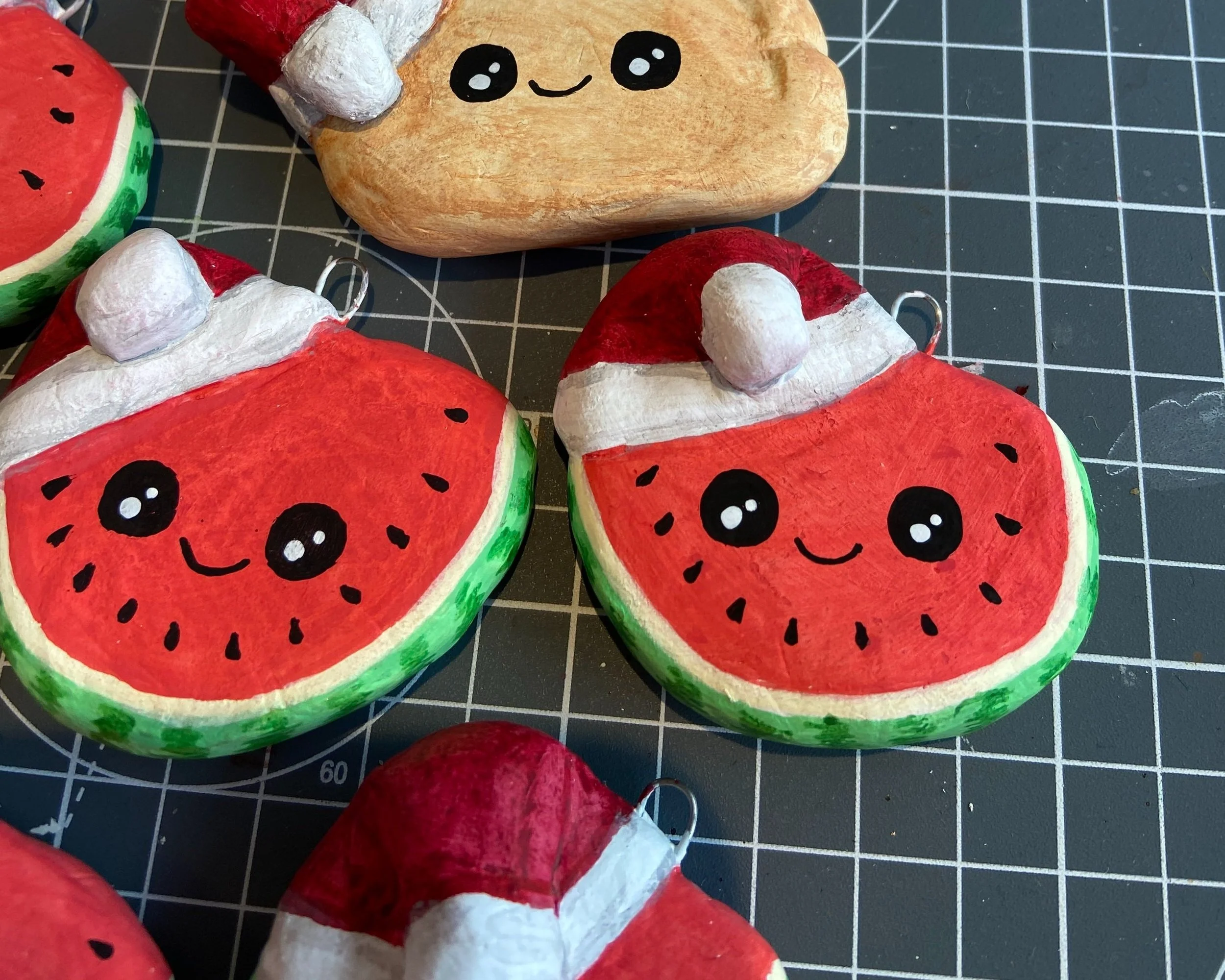 Santa Melon watermelon handmade cute kawaii food clay Christmas tree decorations handpainted by Devon artist Helen Leslie Illustrator