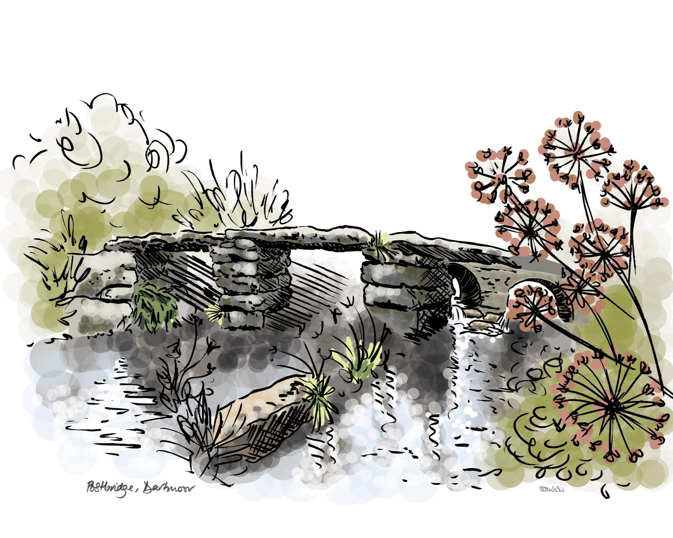 Clapper bridge at Postbridge on Dartmoor by Devon artist Helen Leslie Illustrator