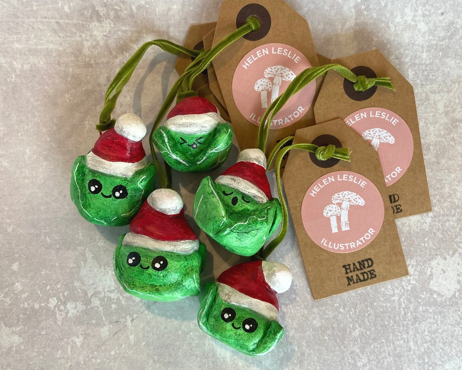 Santa Sprout Handmade cute kawaii food clay Christmas tree decorations handpainted by Devon artist Helen Leslie Illustrator