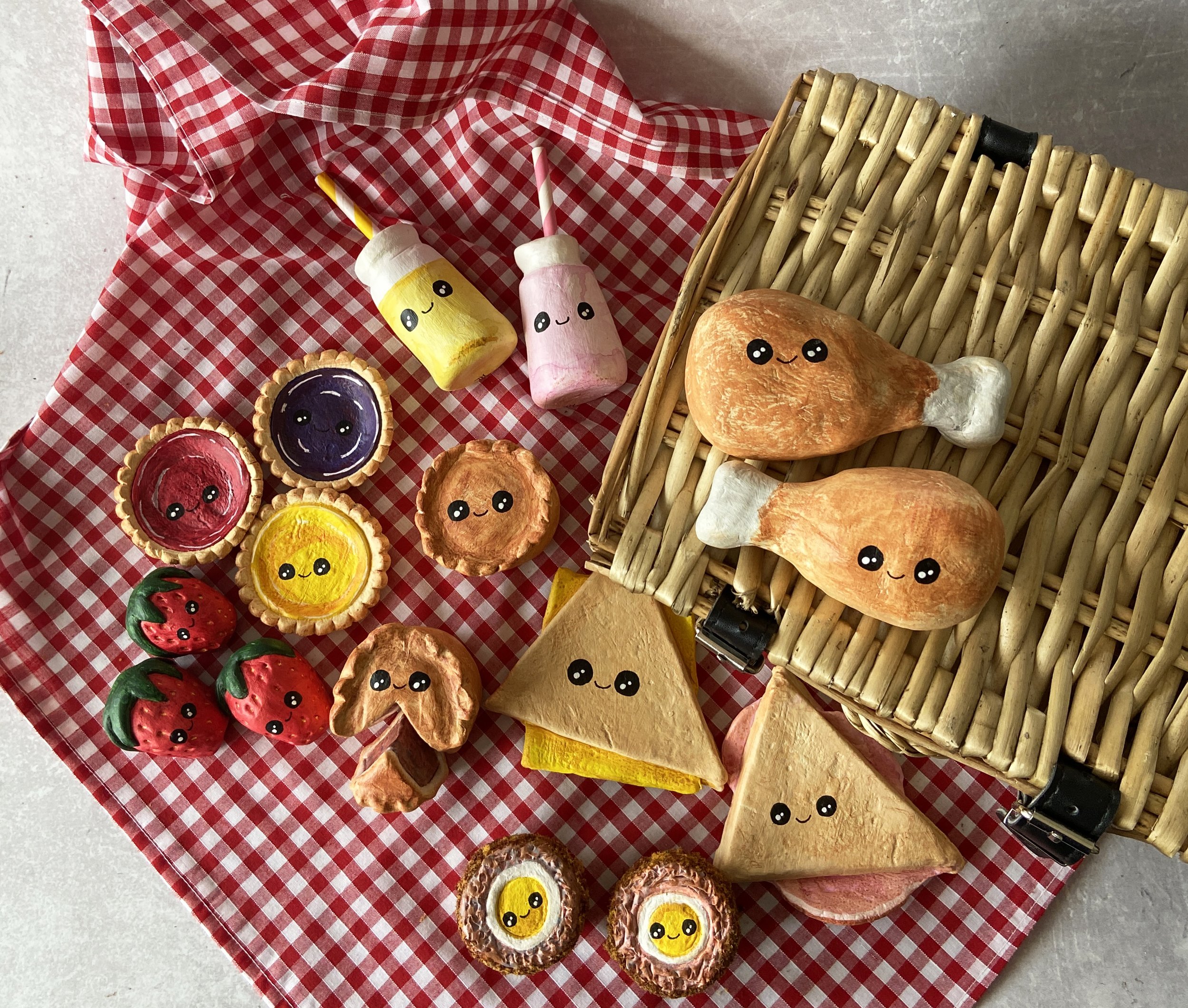 Picnic Hamper handmade and handpainted cute clay collection by Devon artist Helen Leslie Illustrator