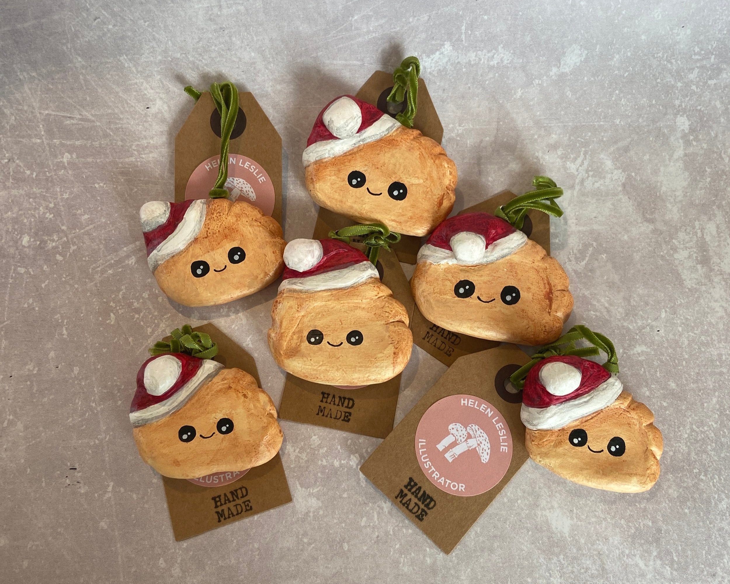 Handmade cute kawaii food clay Christmas tree decorations handpainted by Devon artist Helen Leslie Illustrator