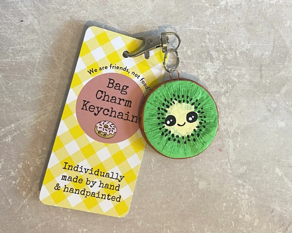 Bag charm keychains handmade from clay cute food designs — Helen
