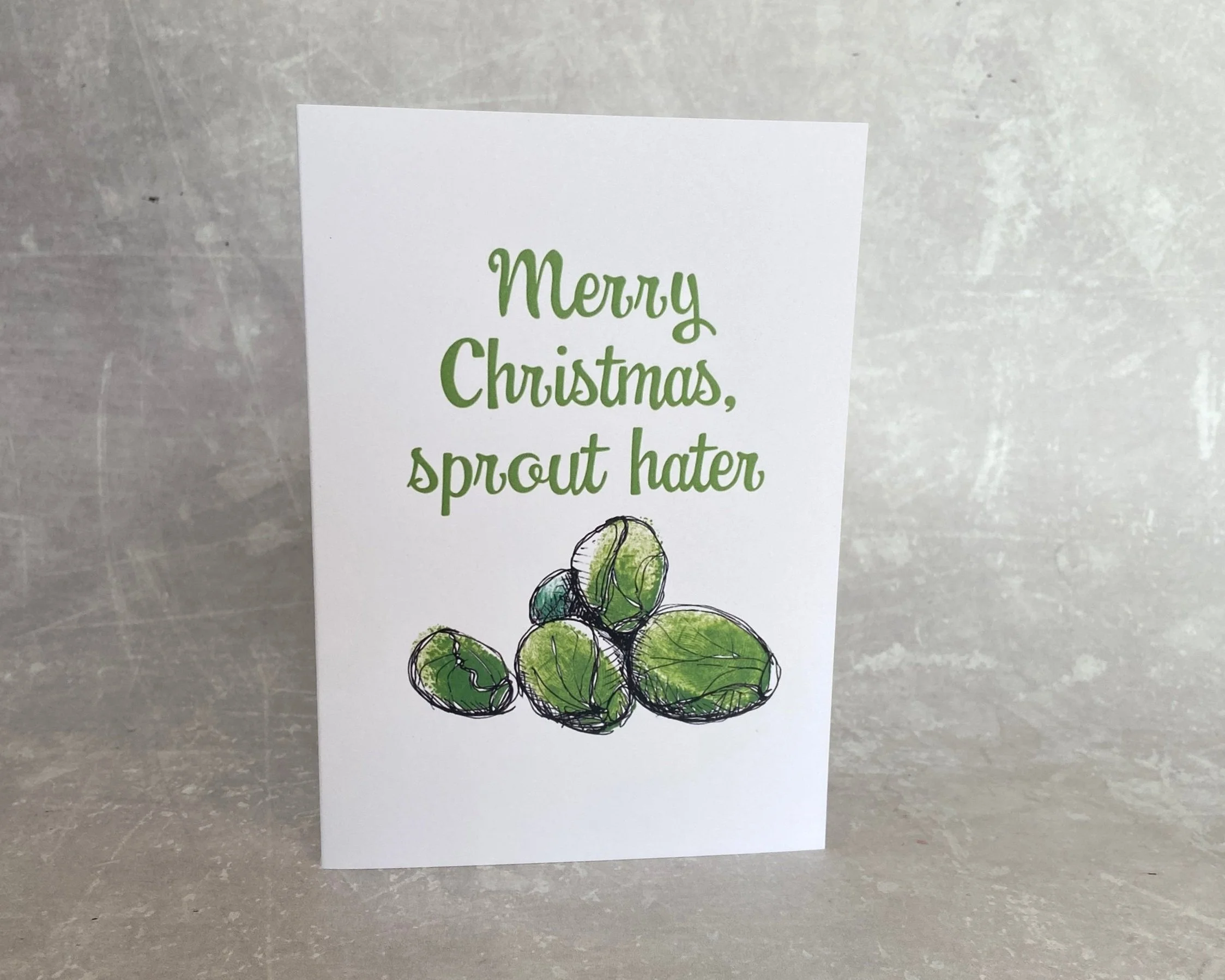 Merry Christmas sprout hater illustrated greetings card by Devon artist Helen Leslie Illustrator