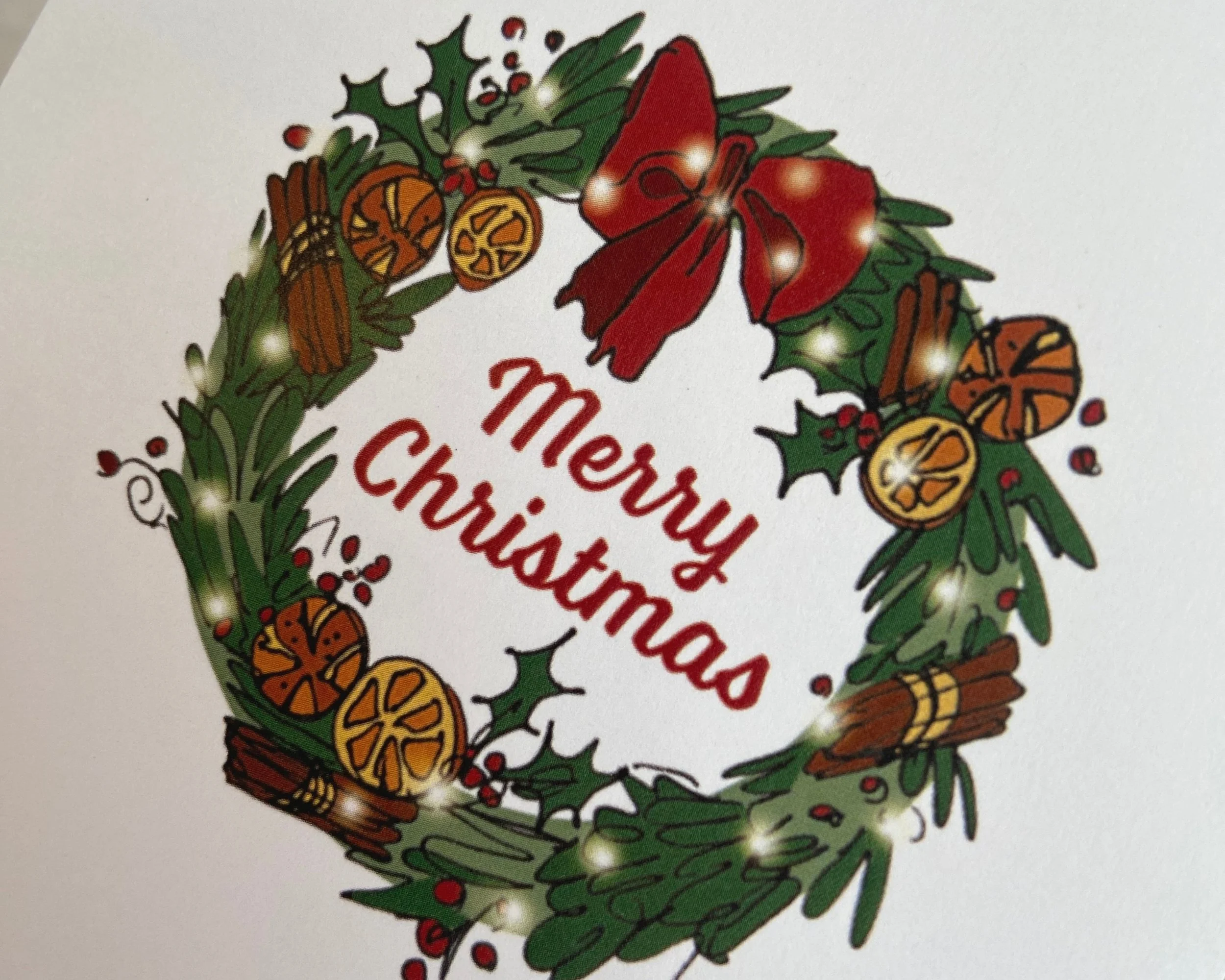 Merry Christmas traditional wreath illustrated greetings card by Devon artist Helen Leslie Illustrator