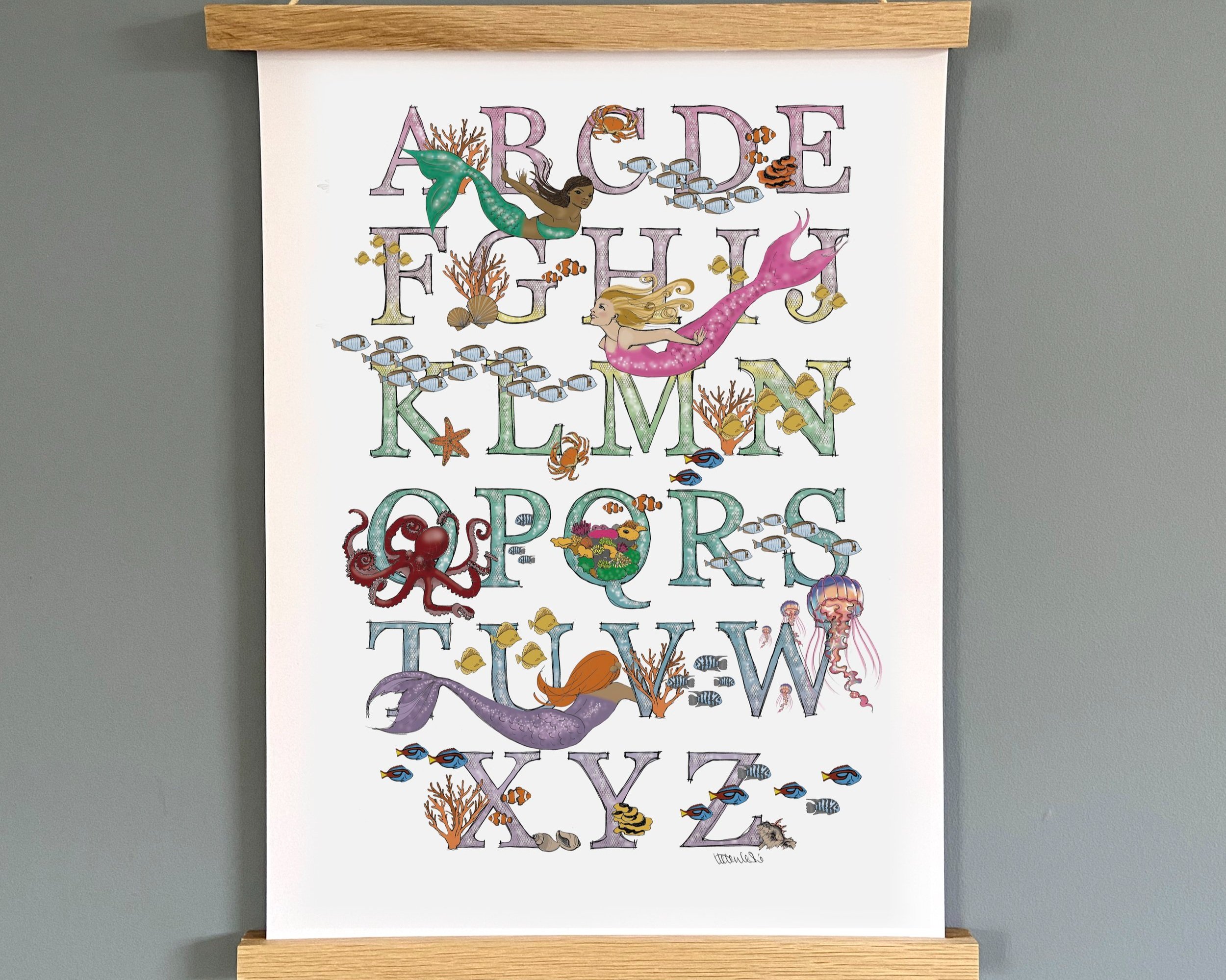 Mermaids under the sea ombre rainbow alphabet print poster kids wall art illustrated by Devon artist Helen Leslie Illustrator