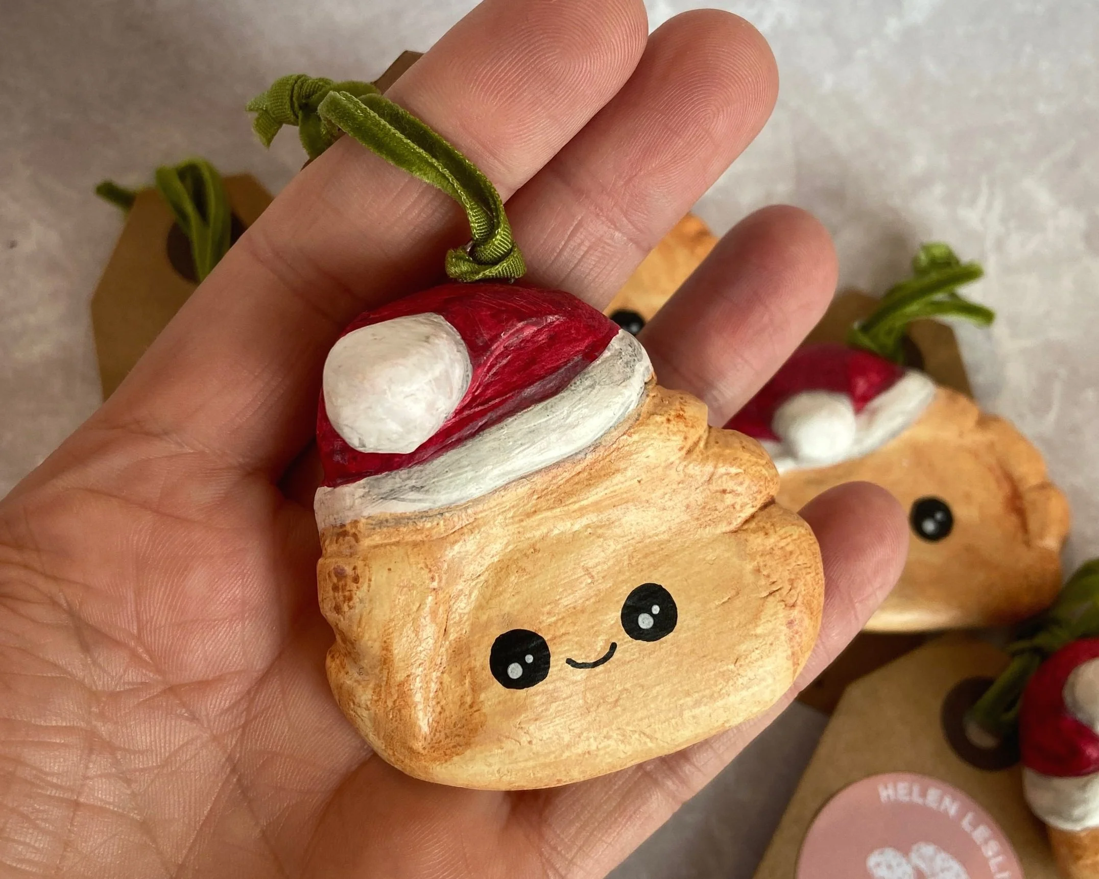 Santa Pasty Handmade cute kawaii food clay Christmas tree decorations handpainted by Devon artist Helen Leslie Illustrator