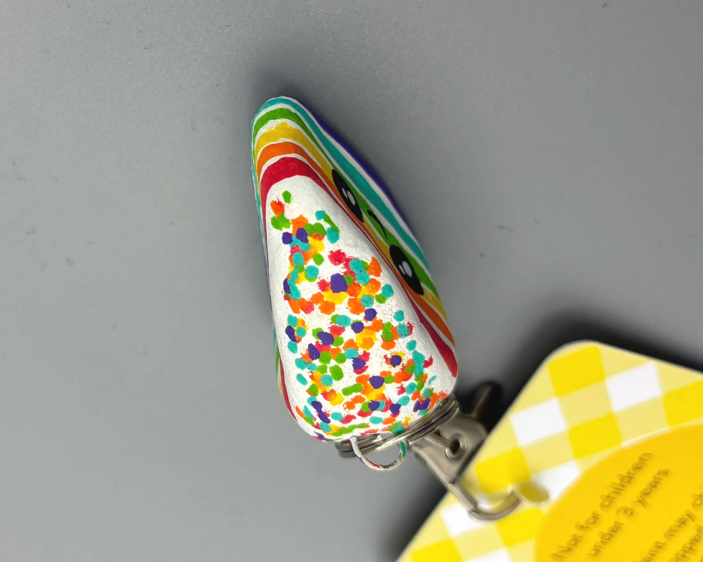 Rainbow cake clay bag charm keychain keyring handmade by Devon artist Helen Leslie Illustrator
