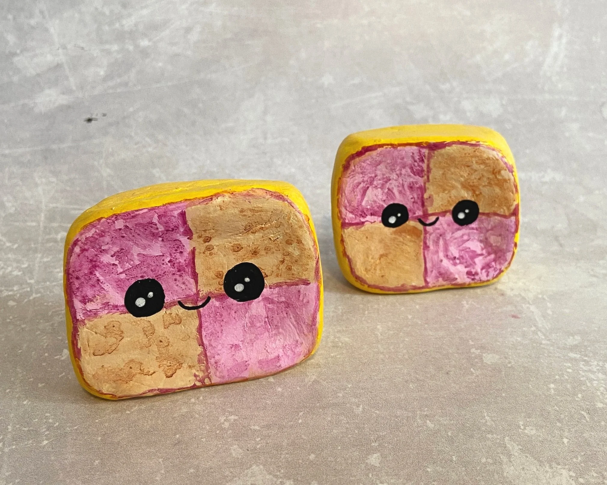 Battenberg cake slice cute clay character desk buddy handmade by Devon artist Helen Leslie Illustrator
