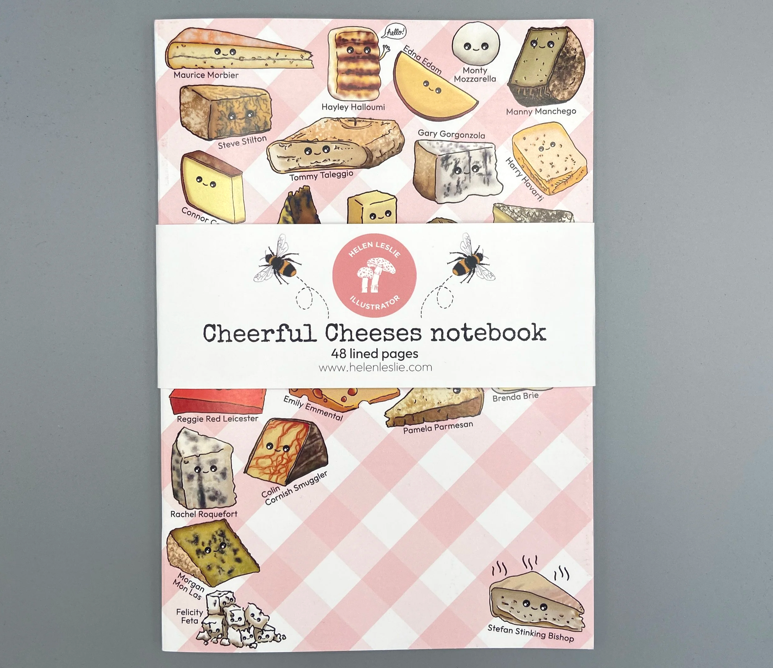 Cheerful Cheeses illustrated cute kawaii style cheese characters with funny names 48 page lined notebook by Devon artist Helen Leslie Illustrator ideal stationery lovers gift stocking filler