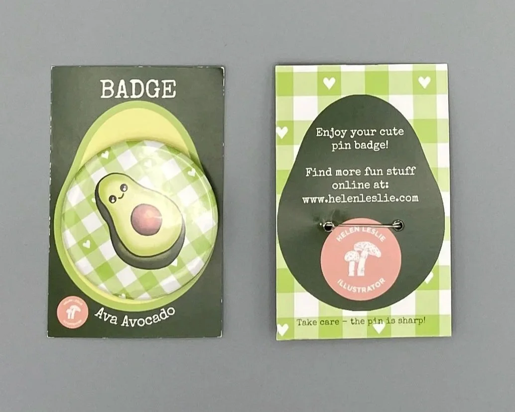 Ava Avocado cute colourful illustrated jumbo pin badge perfect party bag filler or summer accessory