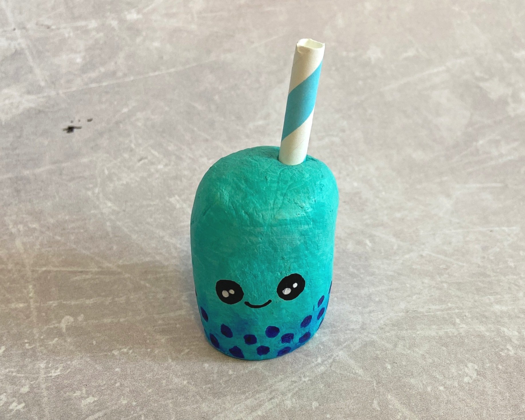 Bubble tea cute clay character desk buddy handmade by Devon artist Helen Leslie Illustrator
