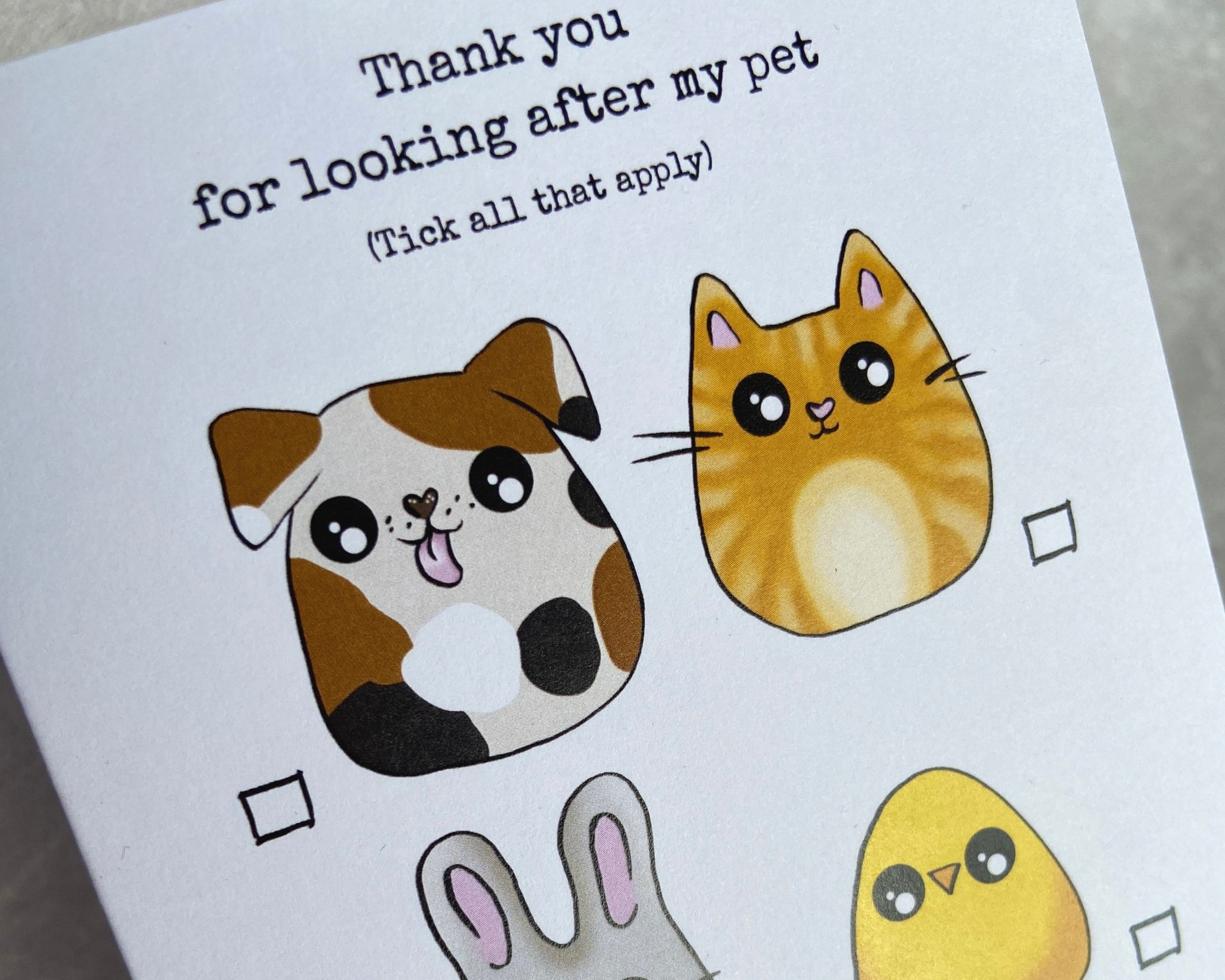 Thank you for looking after my pet greetings card with cute kawaii style illustrated animals puppy cat rabbit chick fish unicorn