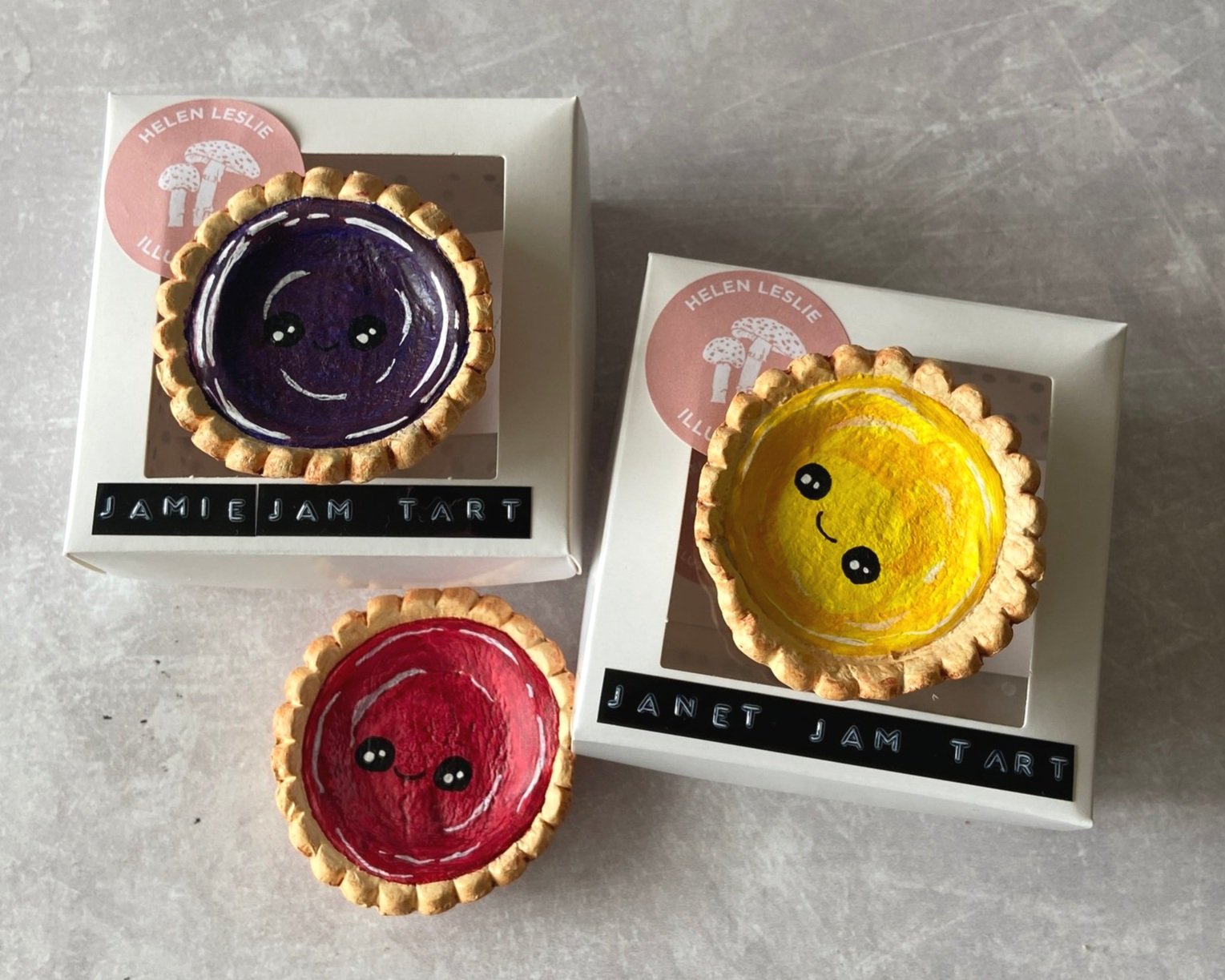 Jam tart cute clay character desk buddy handmade by Devon artist Helen Leslie Illustrator