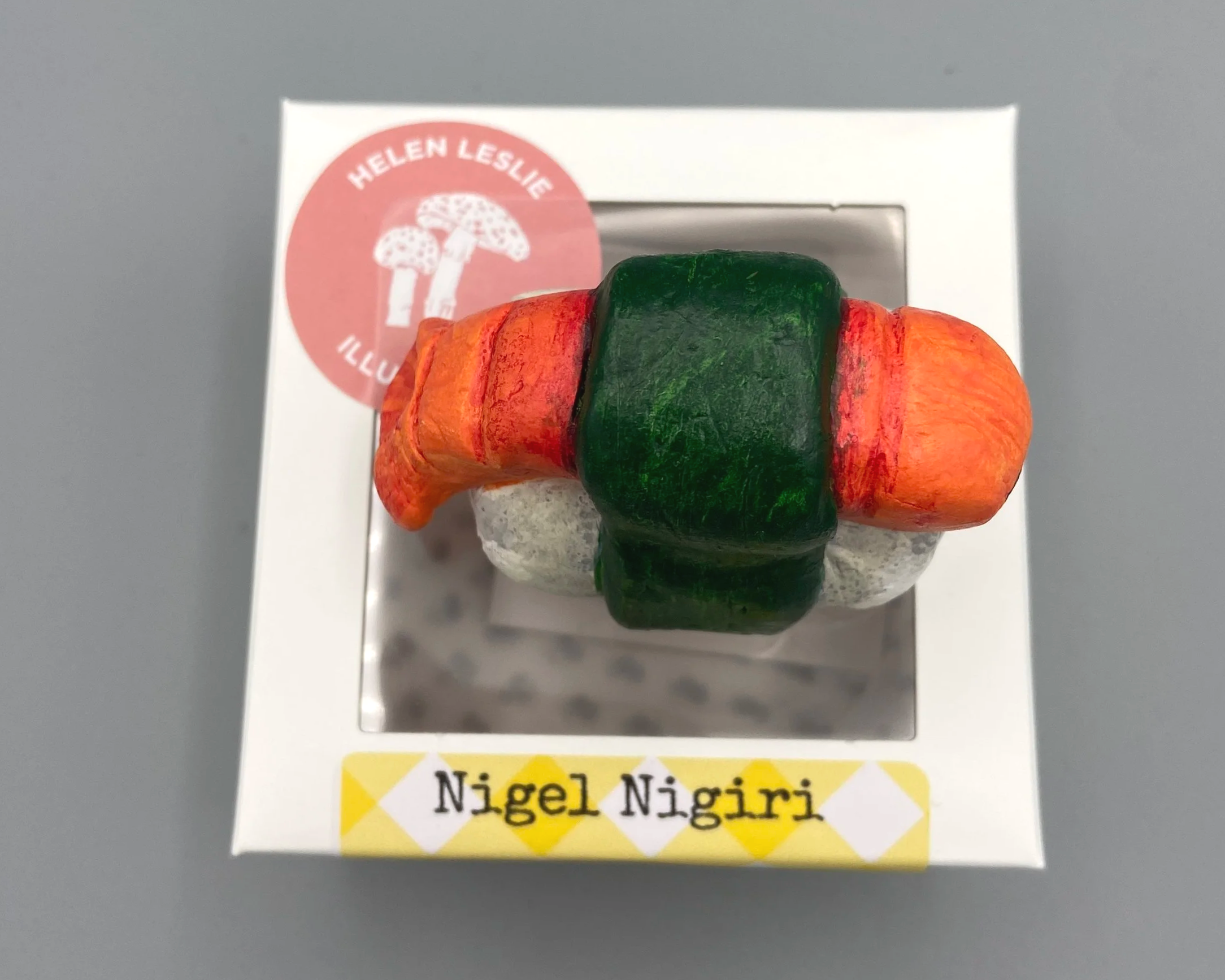 Nigiri Sushi cute handmade handpainted clay desk buddy by Devon artist Helen Leslie Illustrator