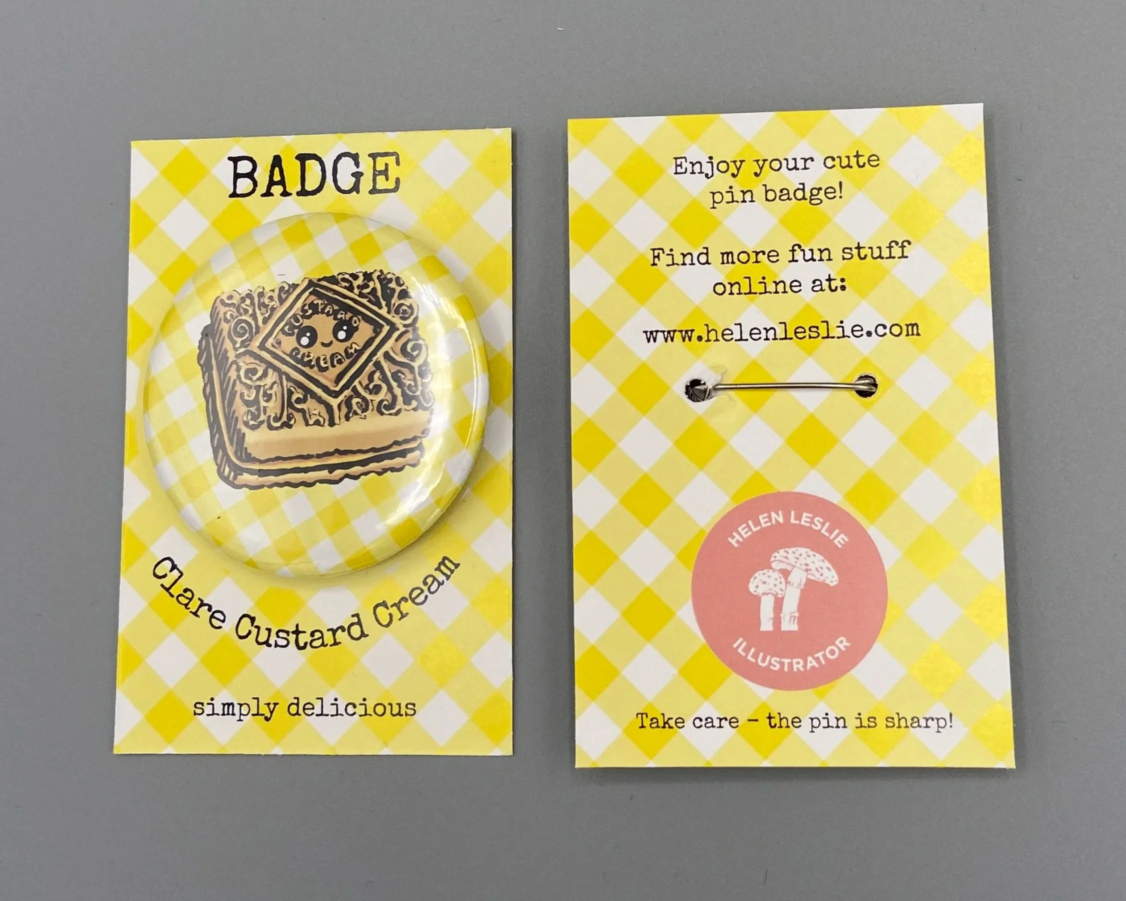 Custard Cream biscuit cute kawaii style gingham 50mm jumbo pin badge