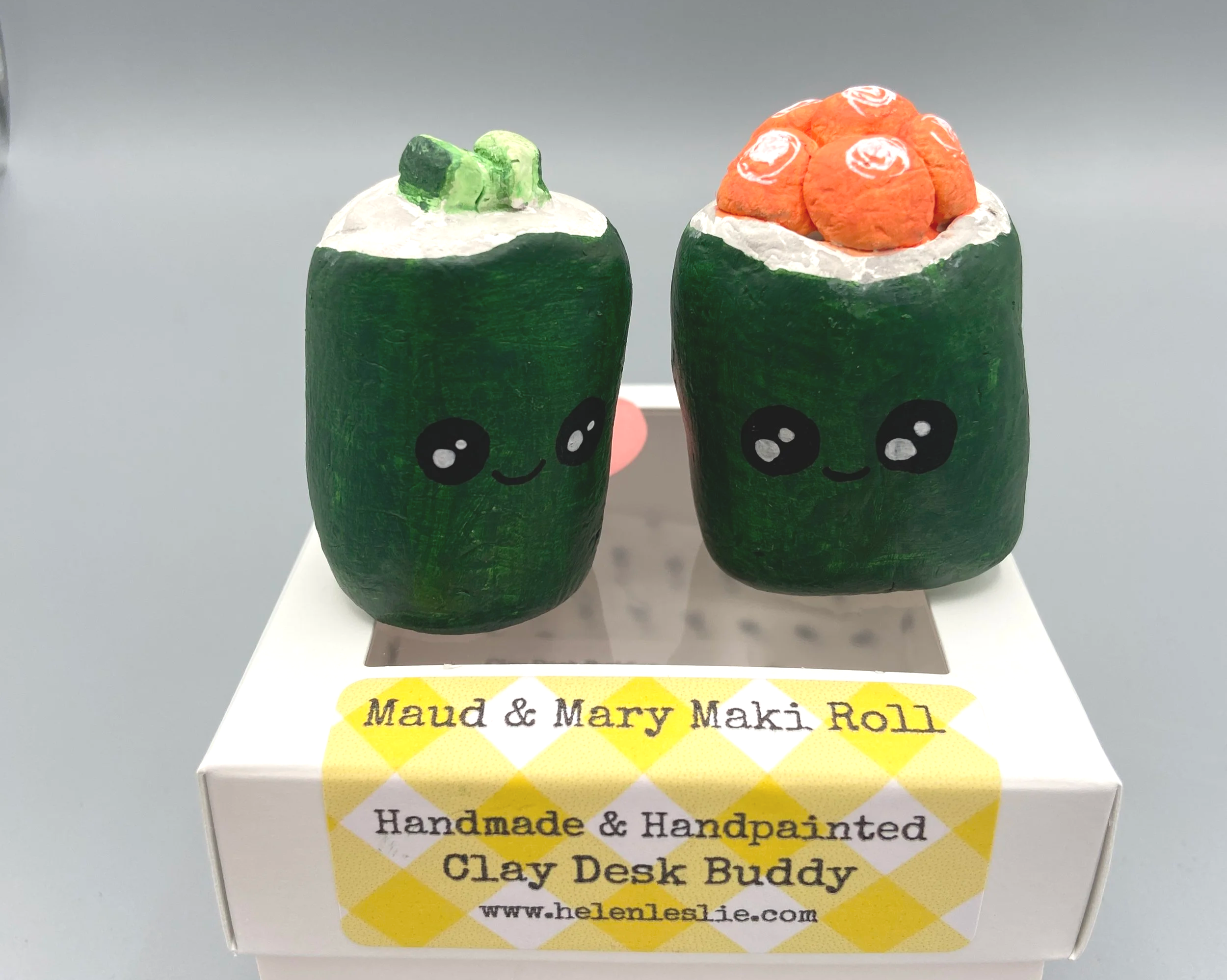 Maki Roll Sushi cute handmade handpainted clay desk buddy by Devon artist Helen Leslie Illustrator