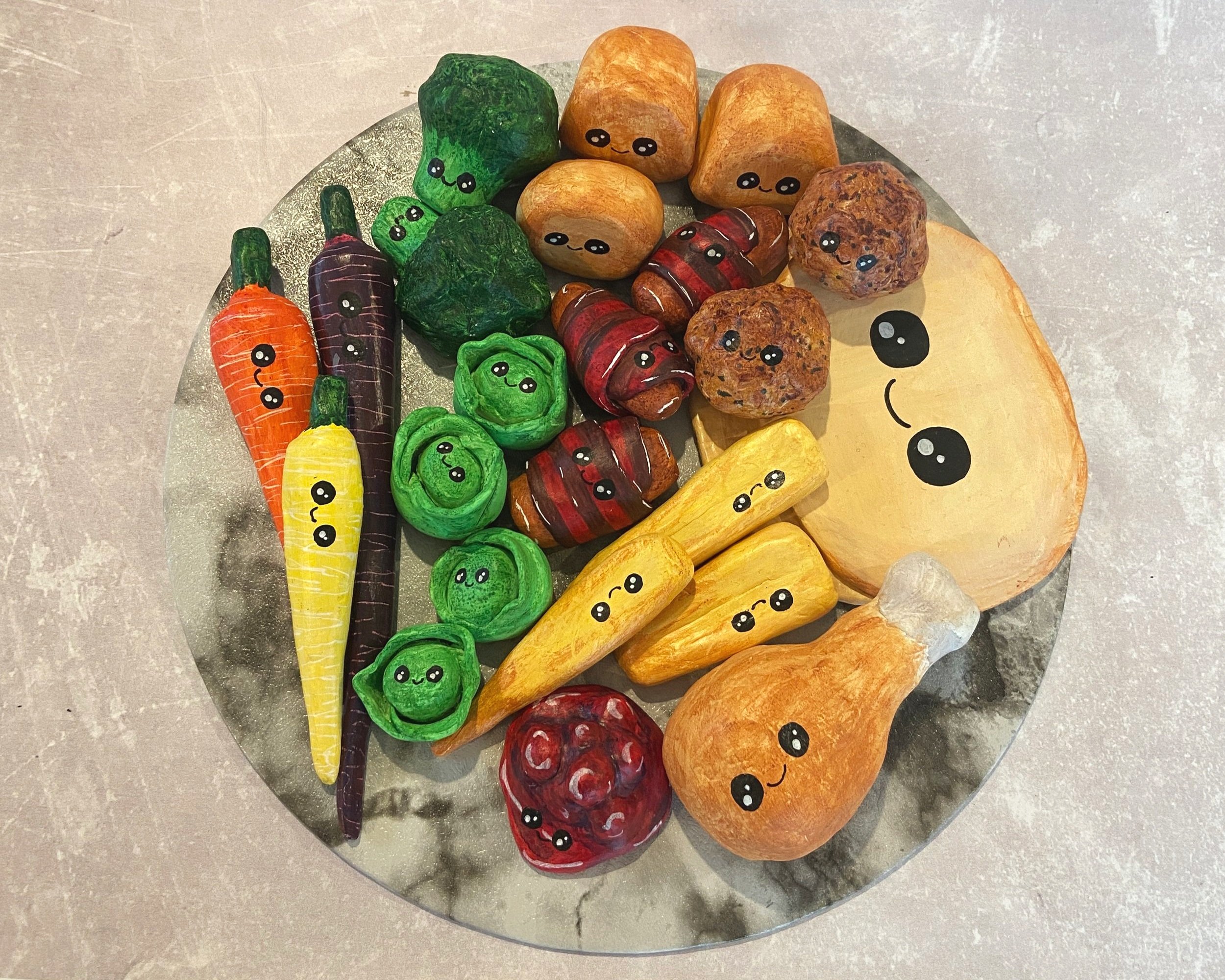 Christmas Dinner platter handmade handpainted cute clay collection by Devon artist Helen Leslie Illustrator