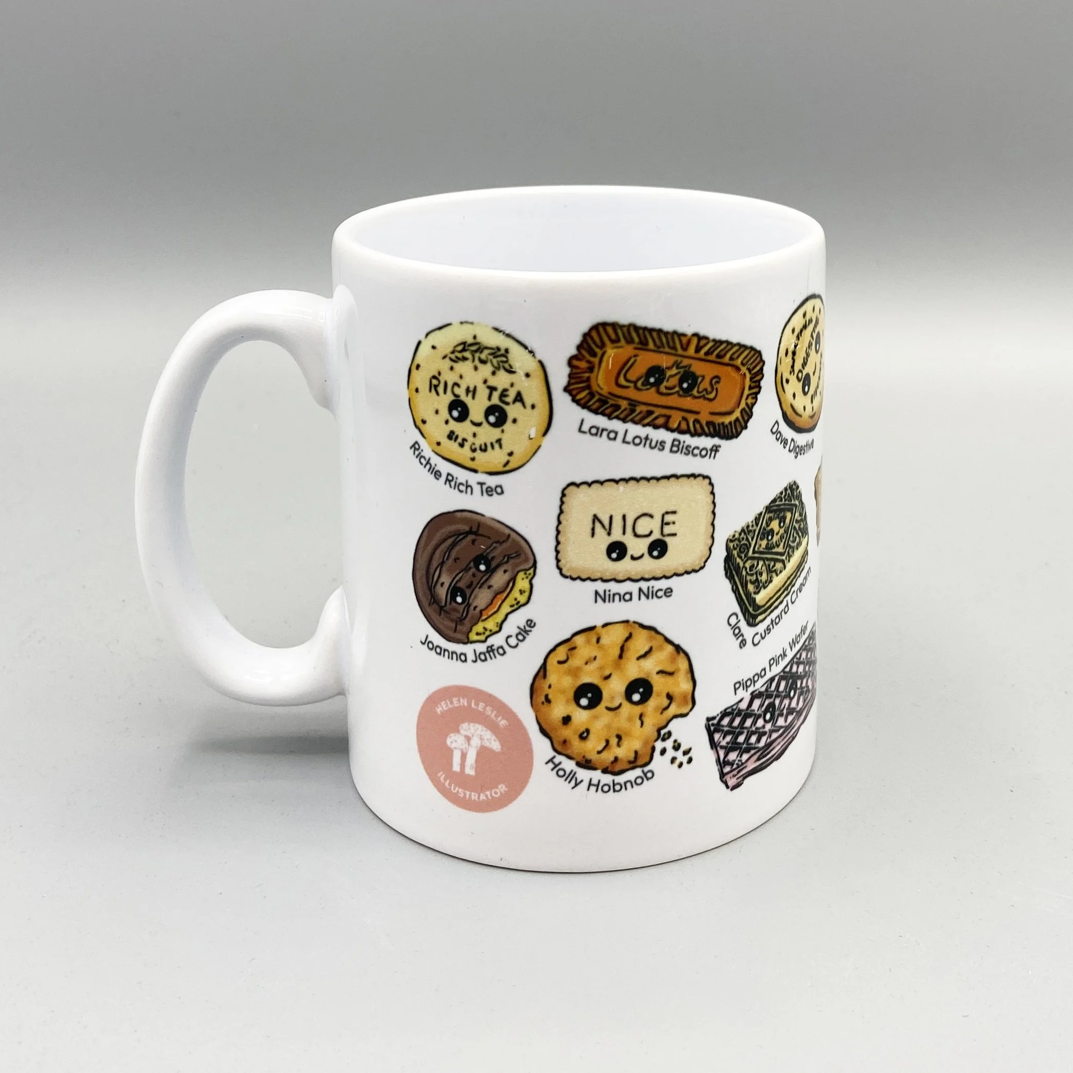 Biscuit Besties mug full of tea dunking favourite biscuits with alliterative names for a splash of humour! Perfect for a nice cup of tea. By Devon artist Helen Leslie Illustrator