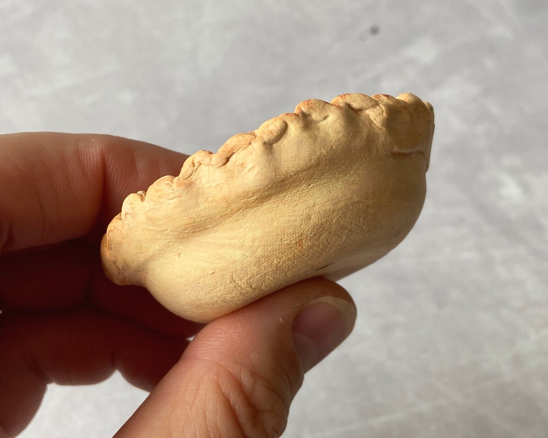 Egg custard tart cute clay character desk buddy handmade by Devon artist Helen Leslie Illustrator