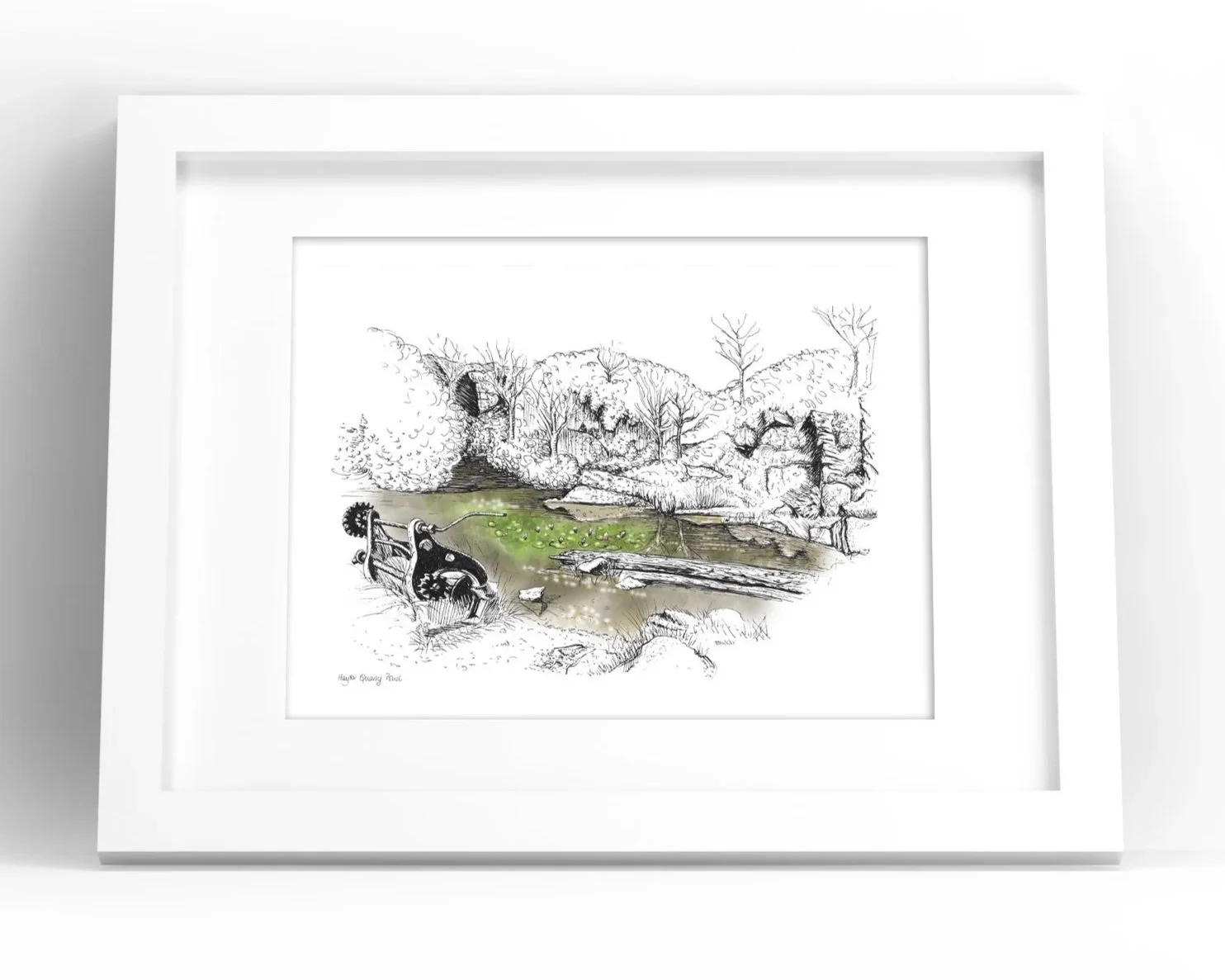 The Pond at Haytor Quarry on Dartmoor illustrated art print by Devon artist Helen Leslie Illustrator