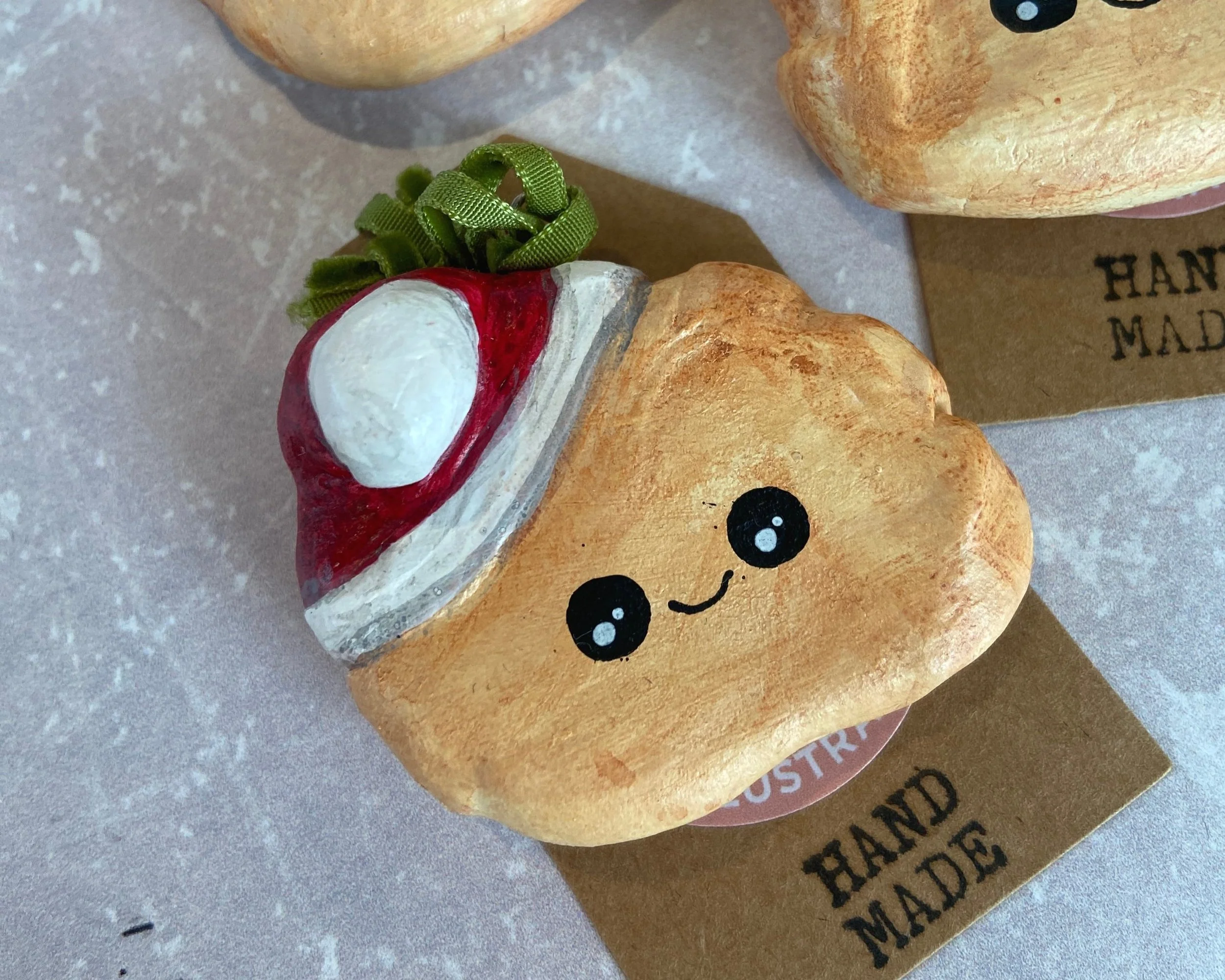 Santa Pasty Handmade cute kawaii food clay Christmas tree decorations handpainted by Devon artist Helen Leslie Illustrator