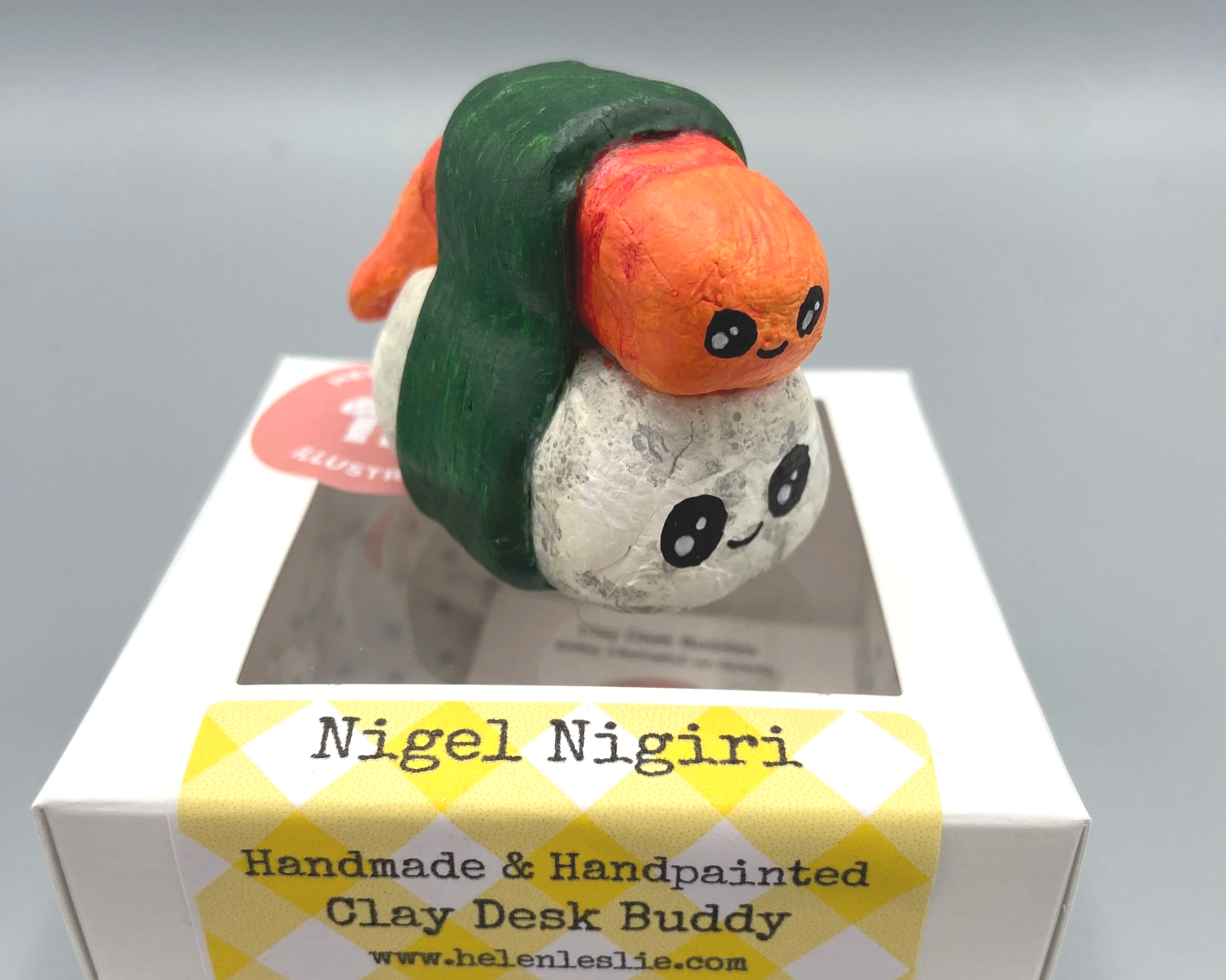 Nigiri Sushi cute handmade handpainted clay desk buddy by Devon artist Helen Leslie Illustrator