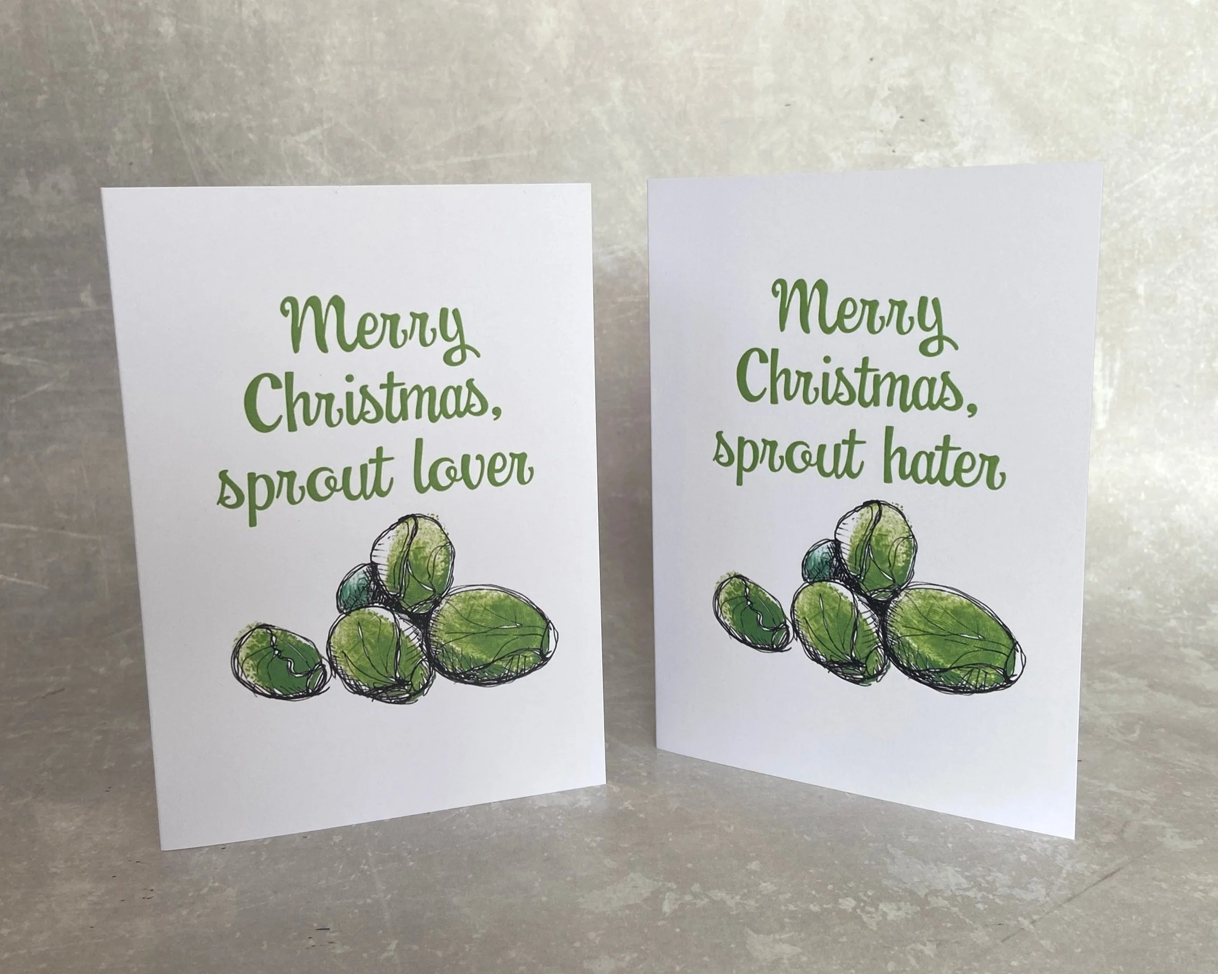 Merry Christmas sprout lover/hater illustrated greetings card by Devon artist Helen Leslie Illustrator