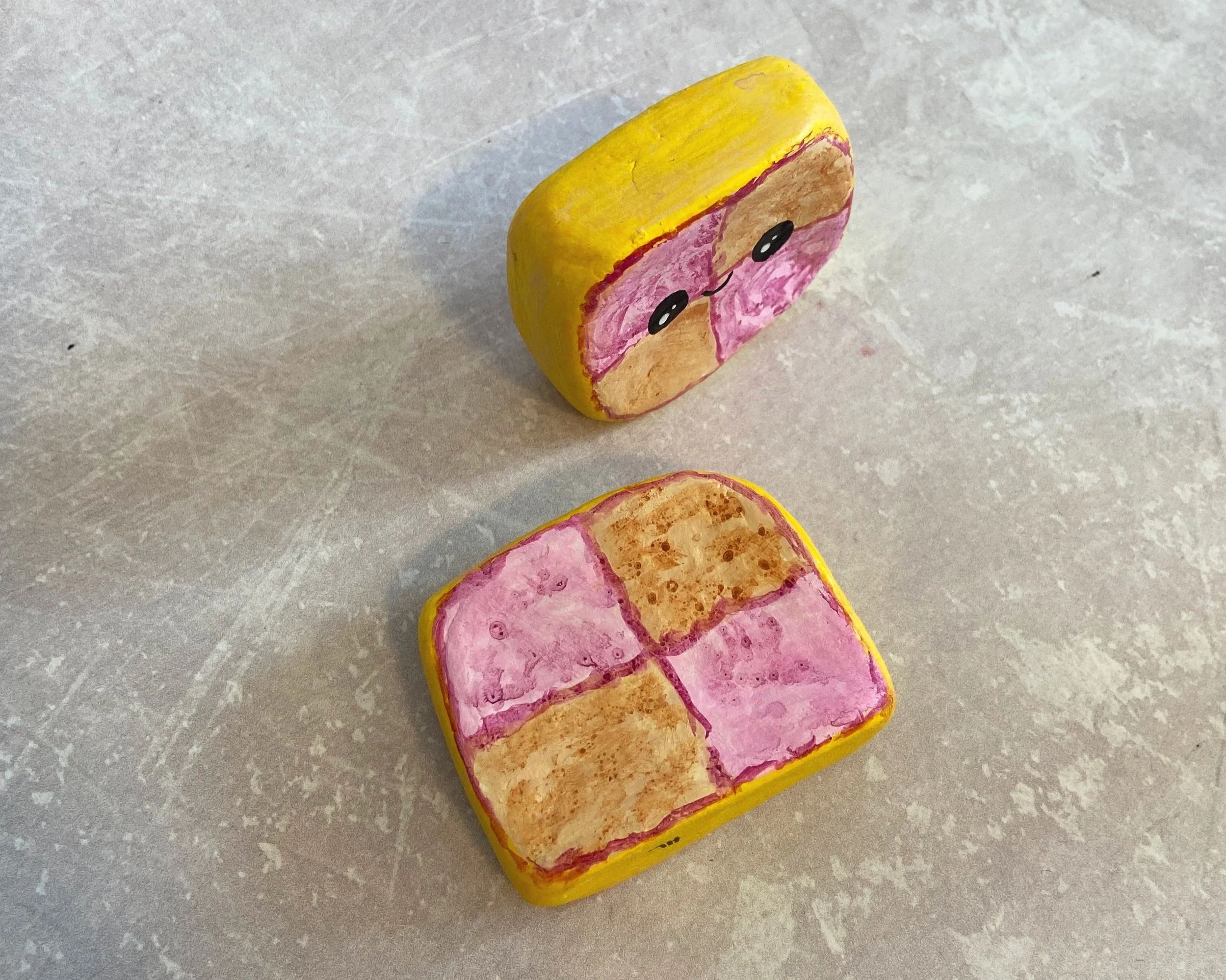 Battenberg cake slice cute clay character desk buddy handmade by Devon artist Helen Leslie Illustrator