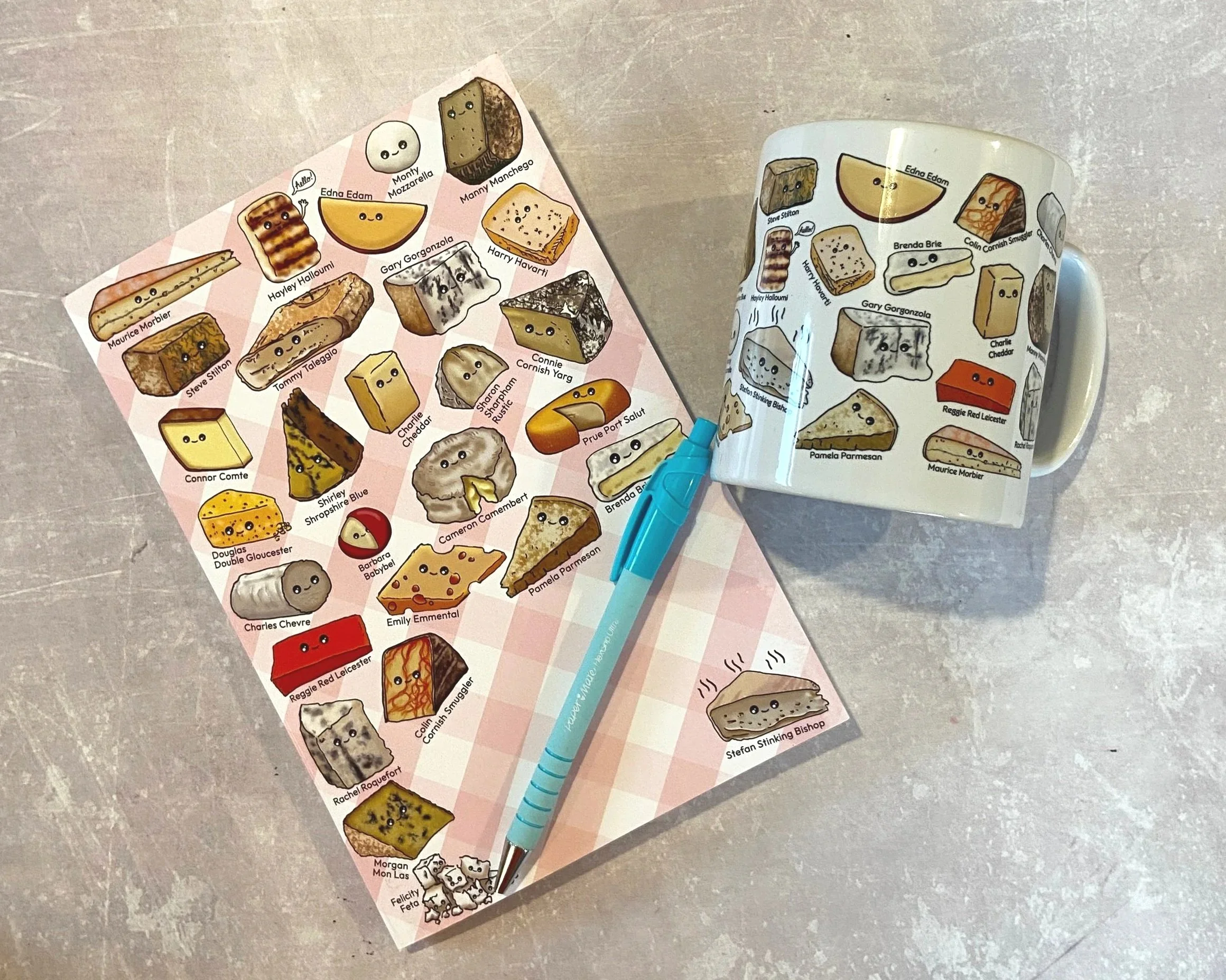 Cheerful Cheeses illustrated cute kawaii style cheese characters with funny names 48 page lined notebook by Devon artist Helen Leslie Illustrator ideal stationery lovers gift stocking filler