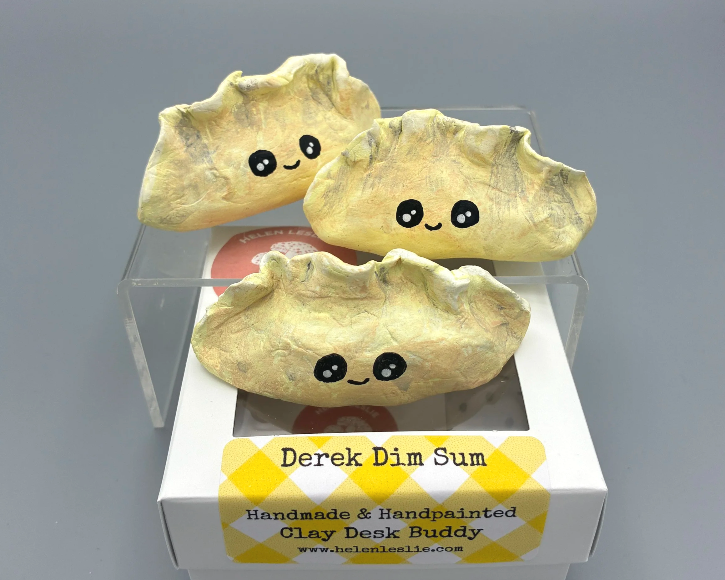 Dim Sum dumpling cute handmade handpainted clay desk buddy by Devon artist Helen Leslie Illustrator