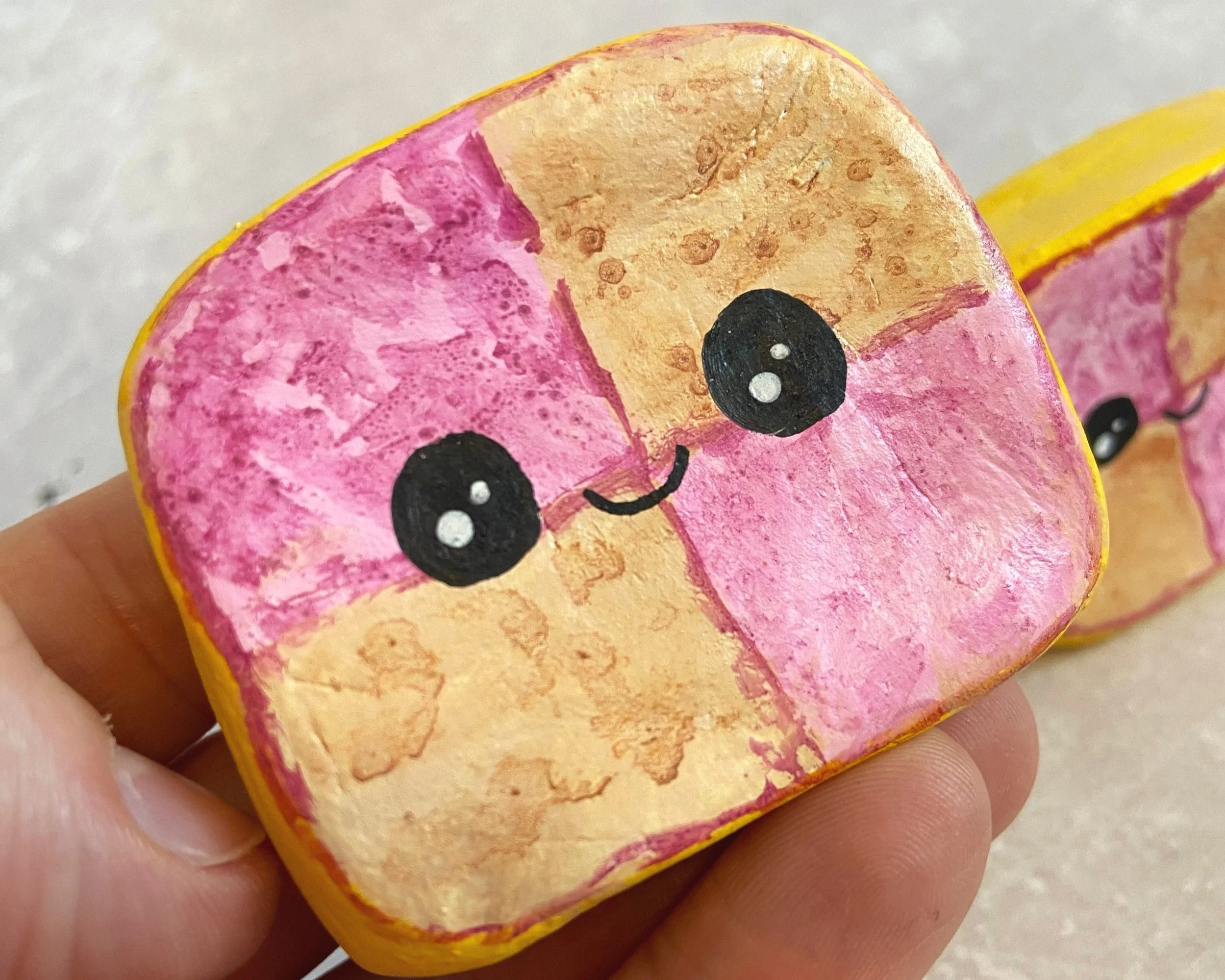 Battenberg cake slice cute clay character desk buddy handmade by Devon artist Helen Leslie Illustrator
