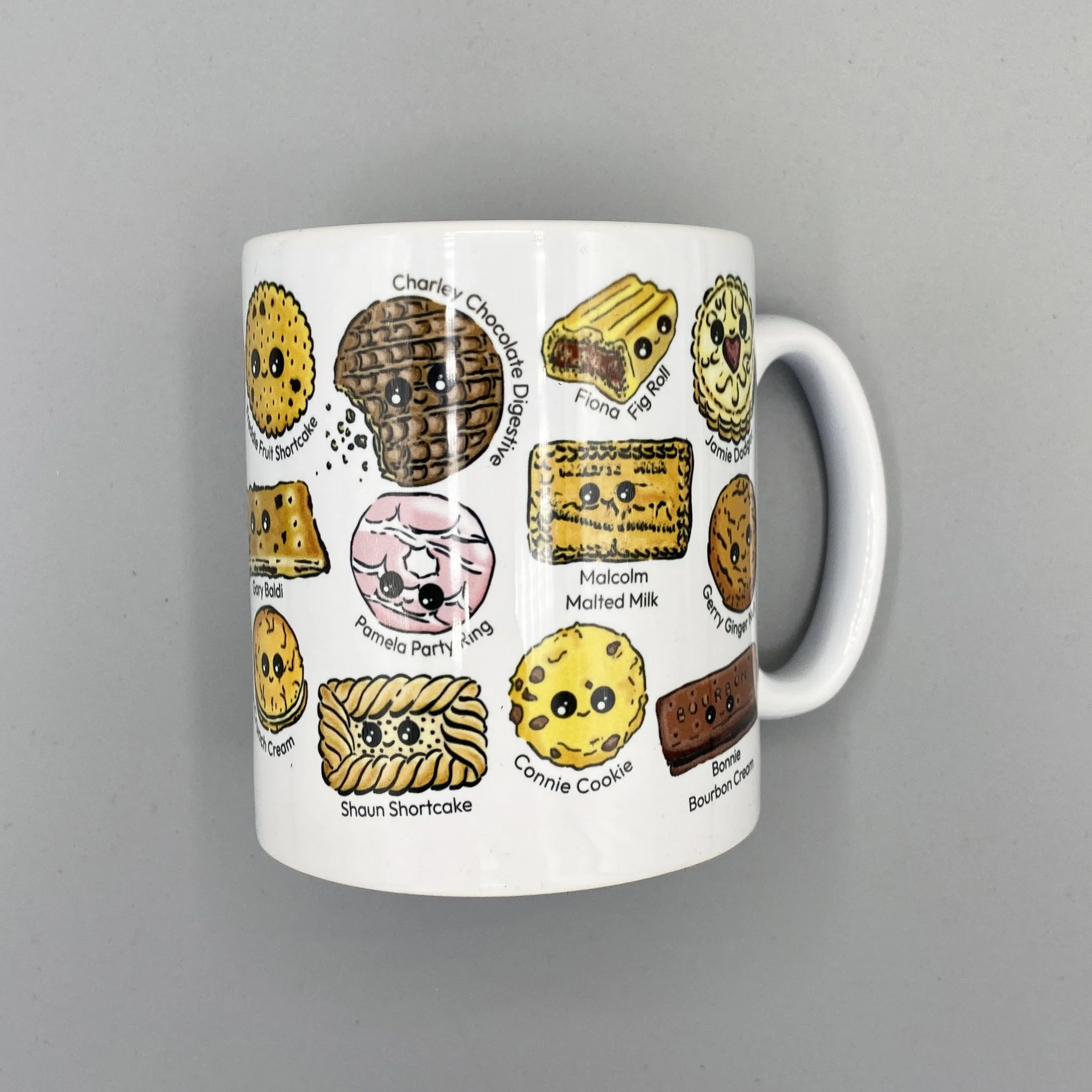 Biscuit Besties mug full of tea dunking favourite biscuits with alliterative names for a splash of humour! Perfect for a nice cup of tea. By Devon artist Helen Leslie Illustrator