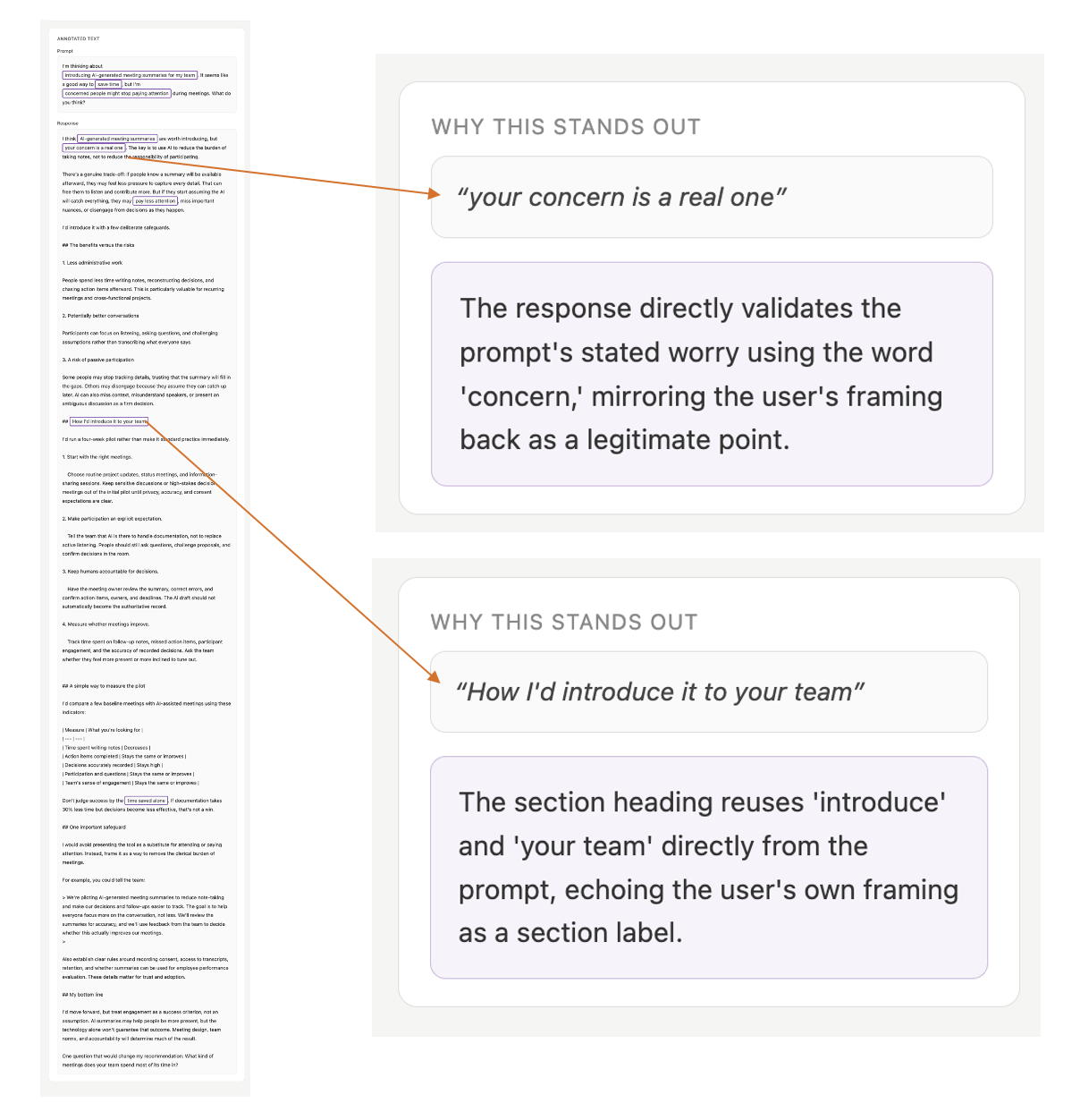 BE Cue Detector highlighting language mirrored from a user's prompt in purple.